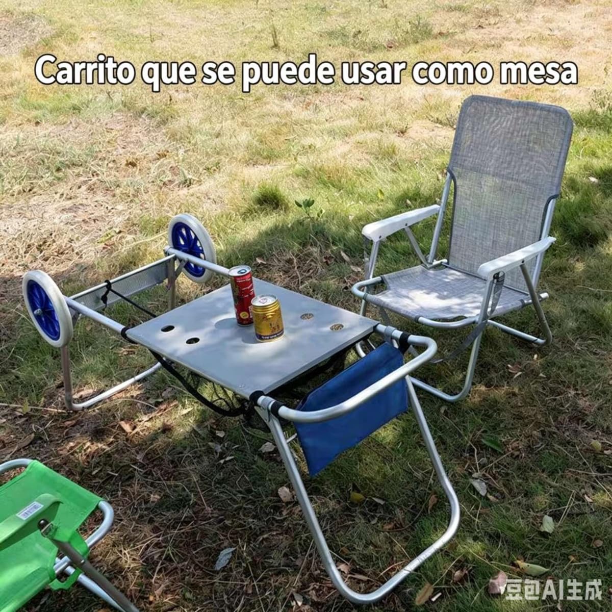 Carro Plegable de Aluminio para Playa, Portaneveras y Sillas, con Ruedas y Mesa Integrada (Azul)