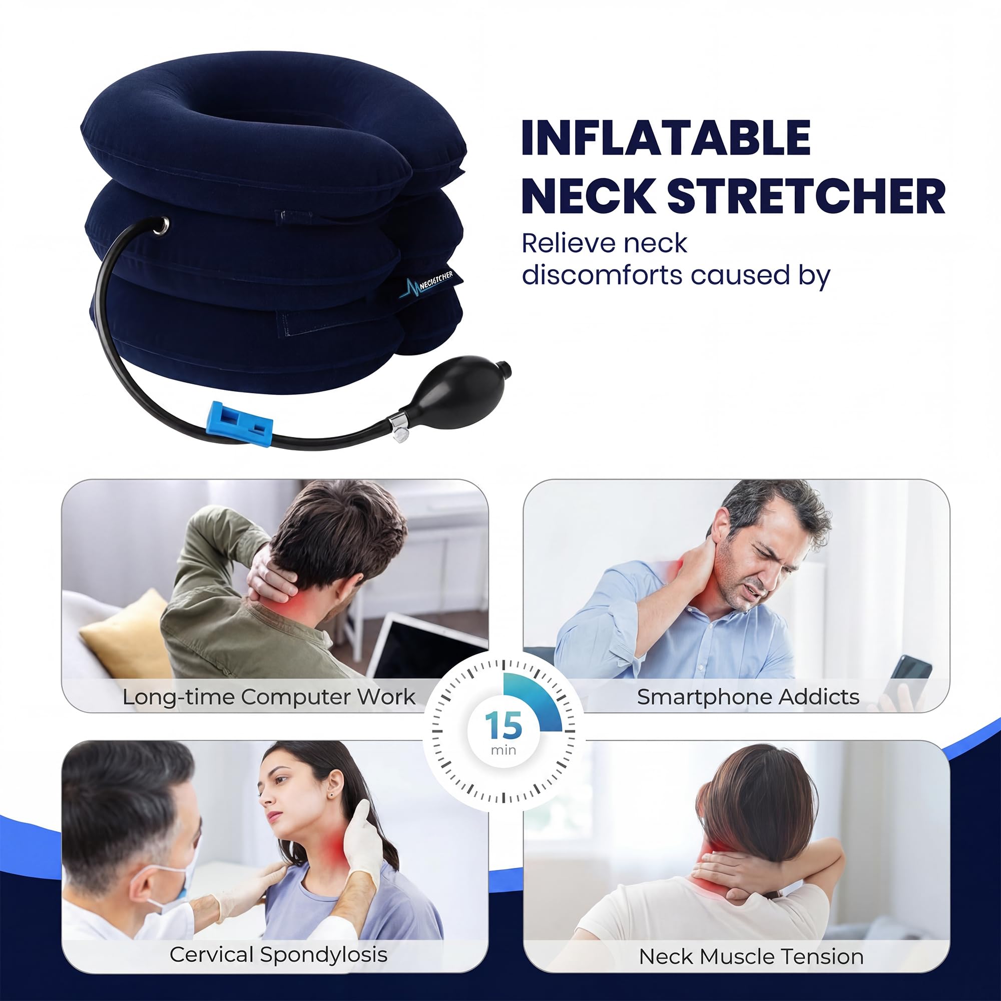 Estirador de cuello para aliviar el dolor, dispositivo de tracción cervical ajustable, soporte inflable para el cuello y almohada de descompresión para uso doméstico