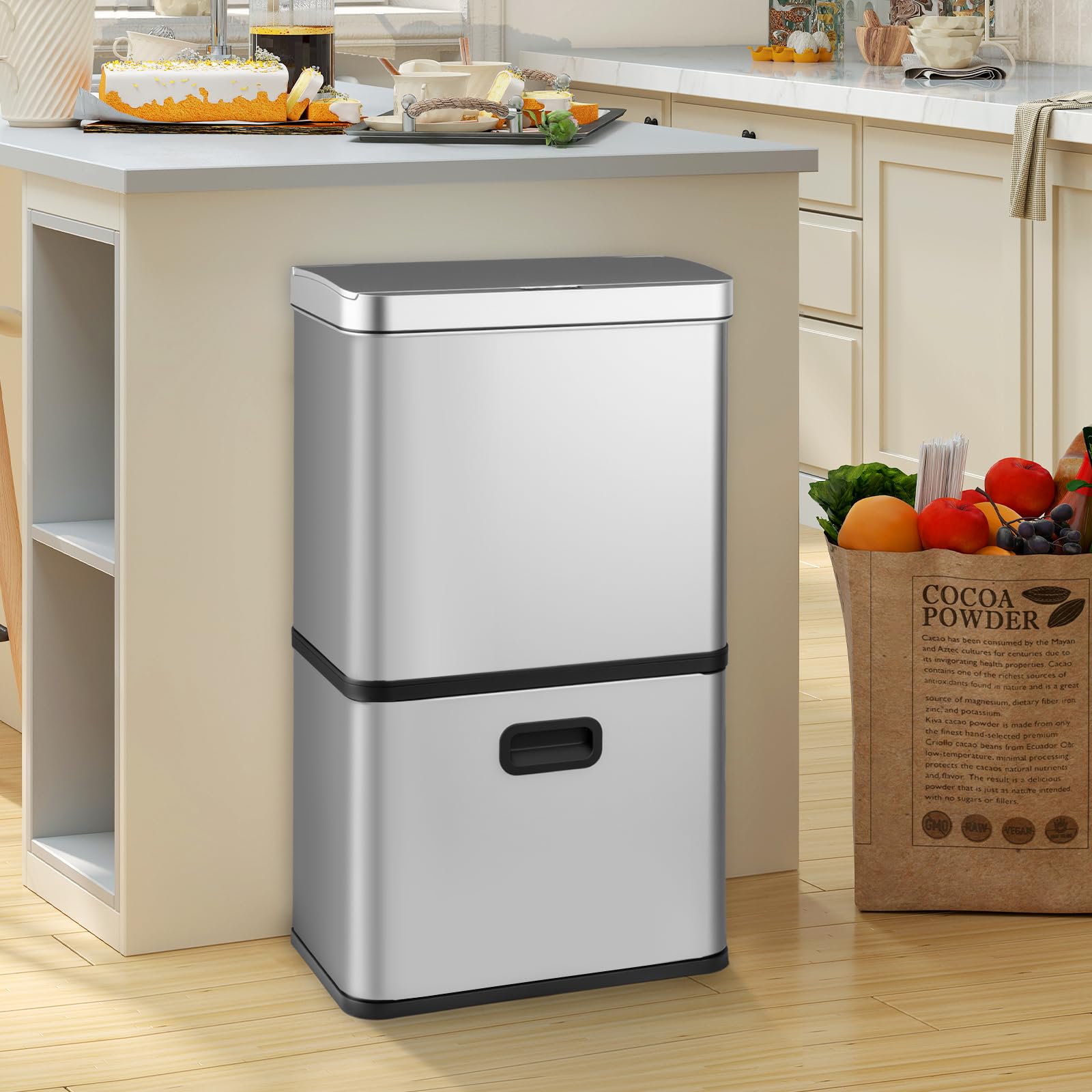 LIFEZEAL 56L - Papelera de Acero Inoxidable con Sensor, Cubo de Basura con 2 Bandejas Extraíbles y Tapa de Mantenimiento Abierto y Cierre, Sin Contacto para Interior, Cocina, Salón (Plata)