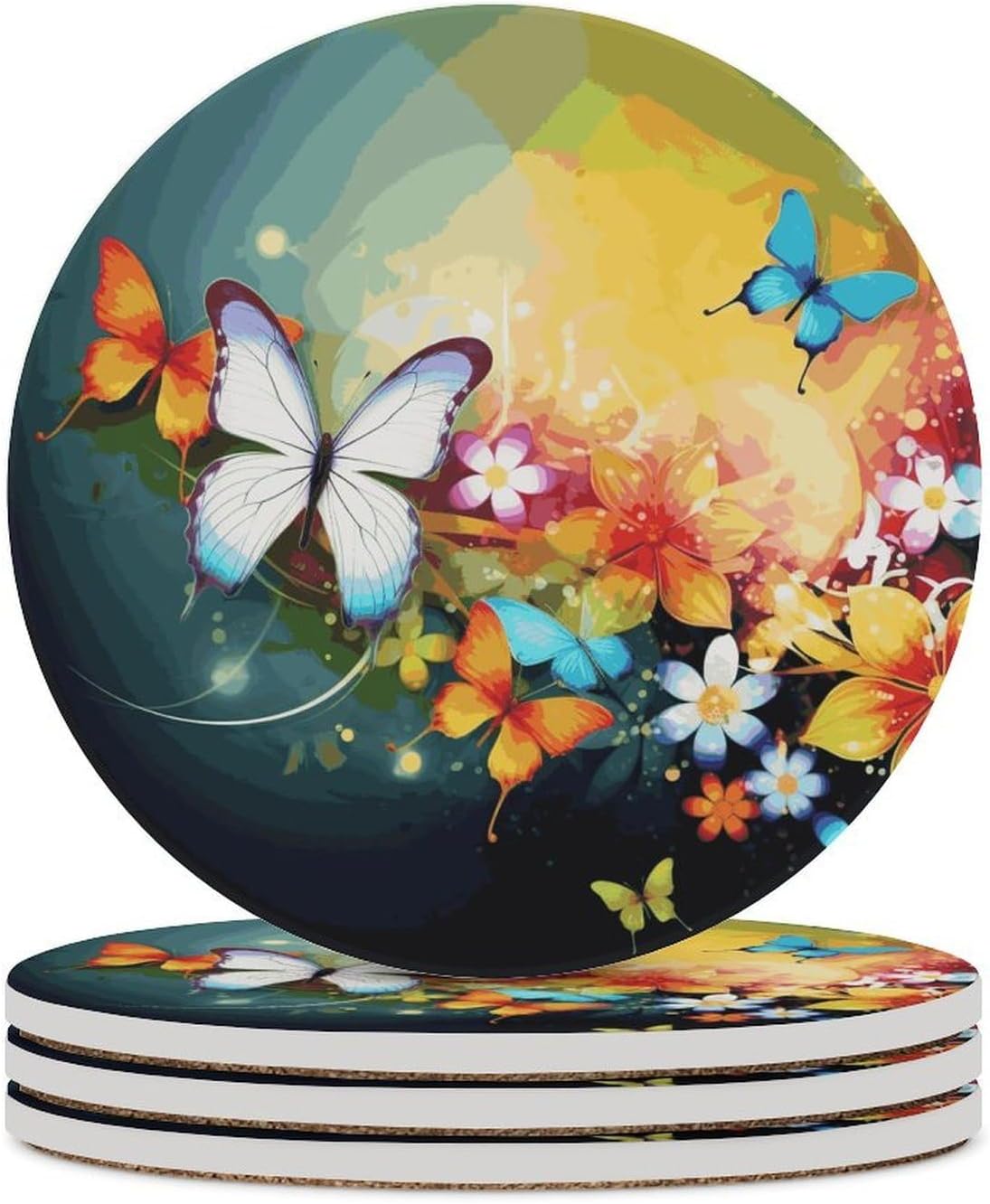 6PCS Colorful with Butterfly Coasters Non-Slip Round Drink Coasters with Ceramic Stone and Cork Base, Heat Resistant Absorbent 33.00Stone Coaster Set for Kinds of Mugs and Cups, 4 Inch