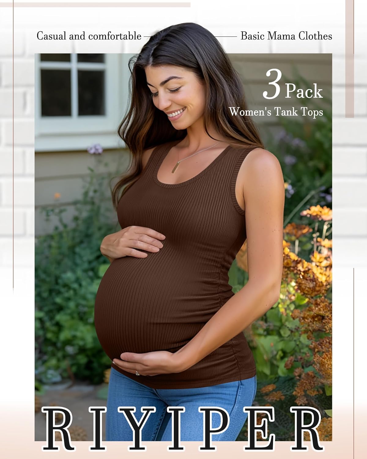 Riyiper 3 Pack Women's Maternity Tank Tops, Sleeveless Cotton Pregnancy Shirts Ribbed Knit Sides Ruched Basic Mama Clothes - Image 5