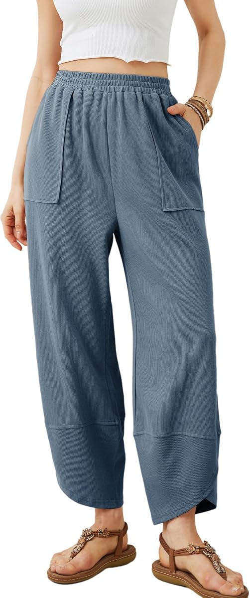 Xiaoxuemeng Pantalones holgados de pierna ancha para mujer Pantalones harén informales con cintura elástica | Pantalones deportivos de talle alto para mujer con bolsillos, pantalones palazzo Lounge Barrel, color sólido, para vacaciones, trabajo, hogar, estilo pull-on