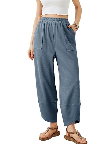 Xiaoxuemeng Womens Baggy Wide Leg Pants Casual Elastic Waisted Palazzo Harem Pants with Pockets - X-Large - Dustyblue