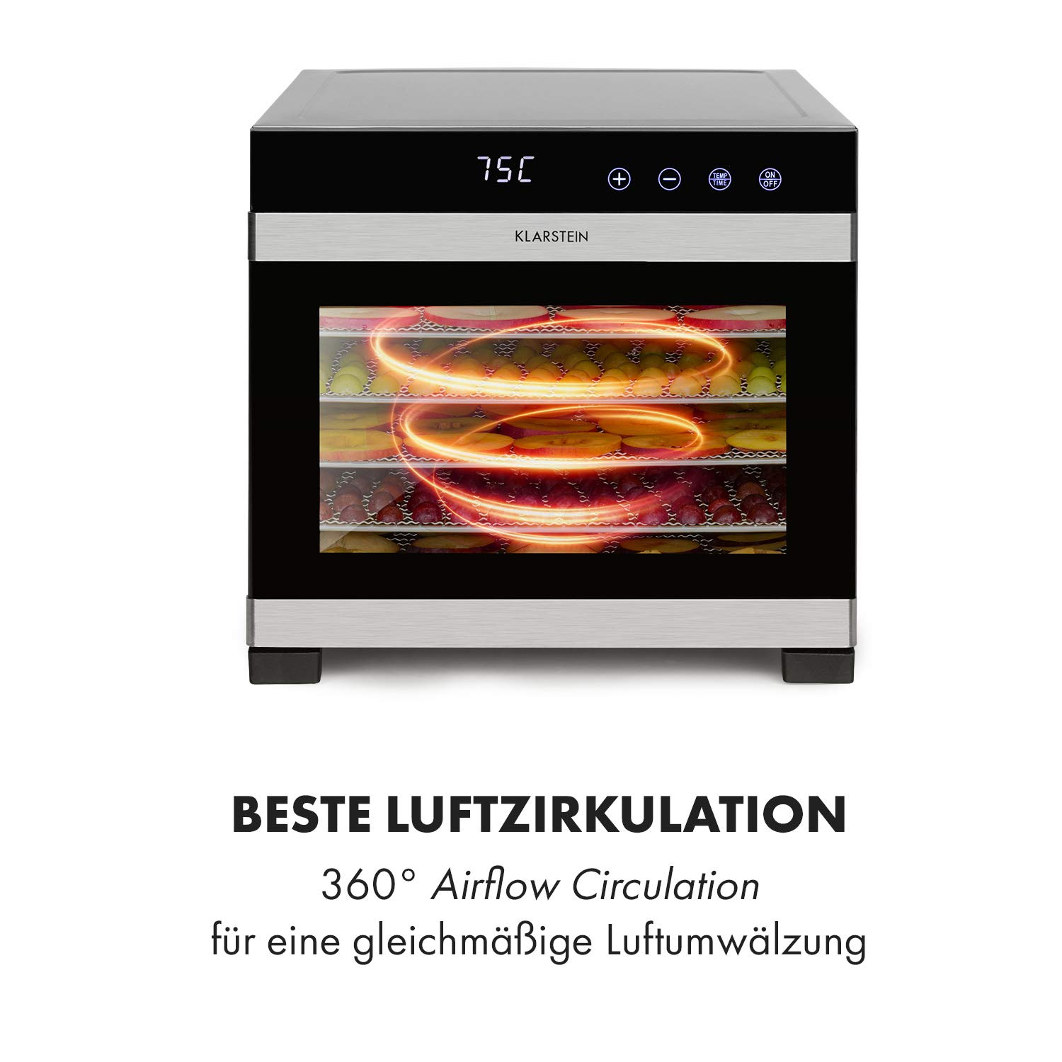 Klarstein Flavour Dry Dörrautomat Mit Edelstahl-Gehäuse, 6 Ablagegitter, LCD-Touch-Display, Timer, 360° Airflow Circulation, Digitaler Thermostat, 35-75 C°
