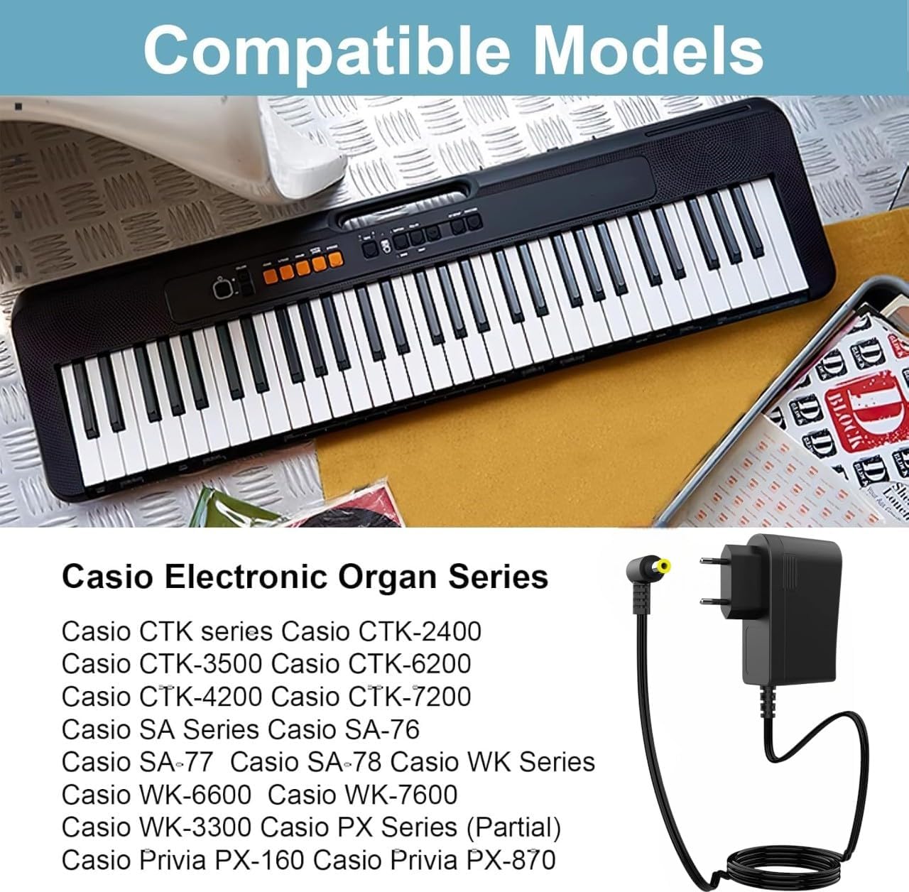 SIKO REEDS- 9.5V 1 Amp AC/DC Power Supply Power Adapter for Cesio Keyboards with 1 Meter Power Cord Piano Adapter for Cesio Keyboards & Electronics Keyboard - Image 3 thumbnail