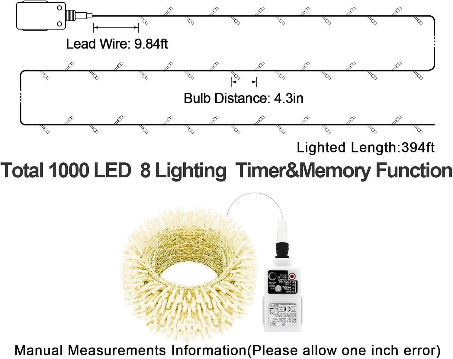 120M 1000 LED Fairy Lights Outdoor String Lights Plug in Extra Long Christmas Lights Waterproof with Remote Timer 8 Modes for Outside Garden Patio Party Wedding Yard Tree Decorations Warm White - Image 5