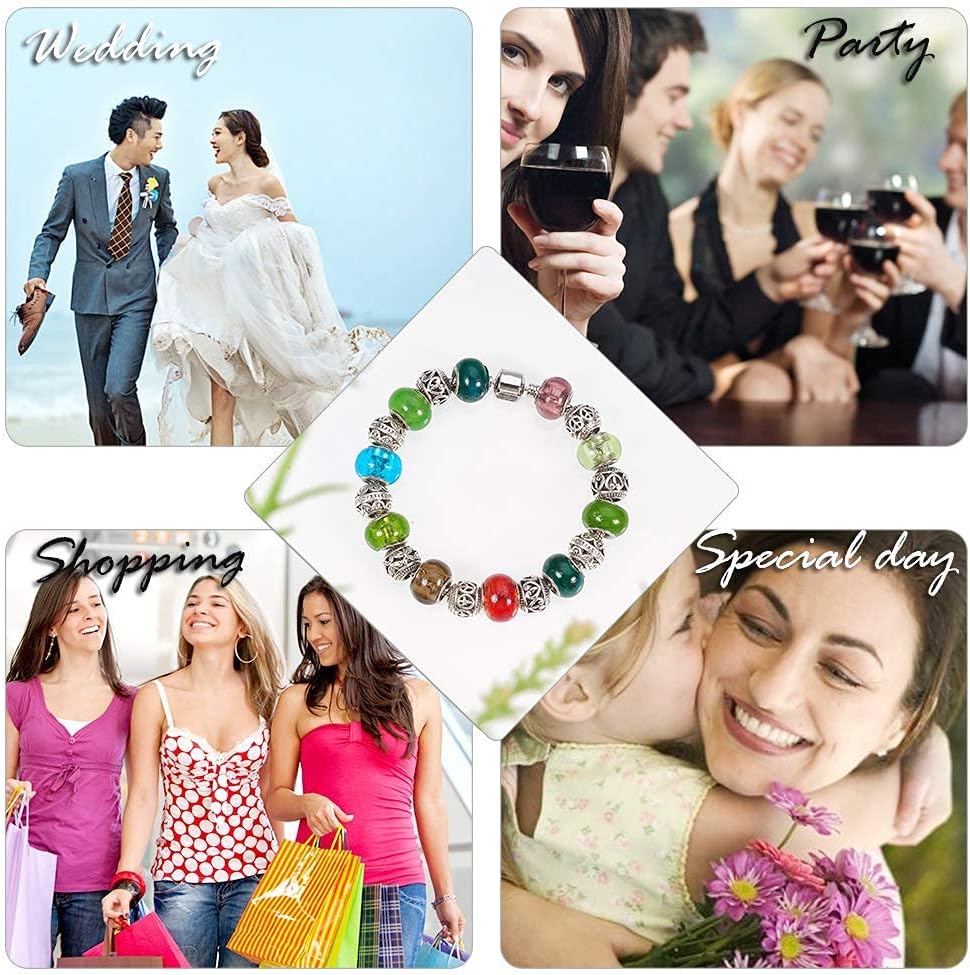 PH PandaHall 60 Pcs Murano Glass Beads Rhinestone Spacers Metal European Beads with 1 Pack European Charm Bracelet Stainless Steel Snake Chain for Bracelet DIY Jewelry Making