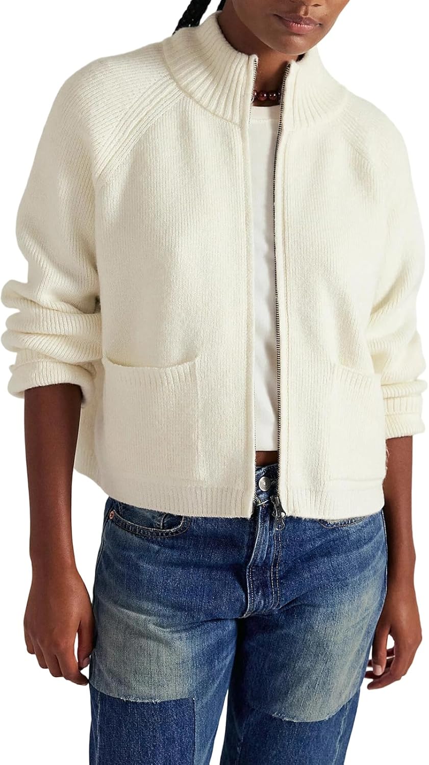 Women's Chunky Knit Open Front Sweater Long Sleeve Zip Up Cable Cardigan with Pockets Outerwear Coats