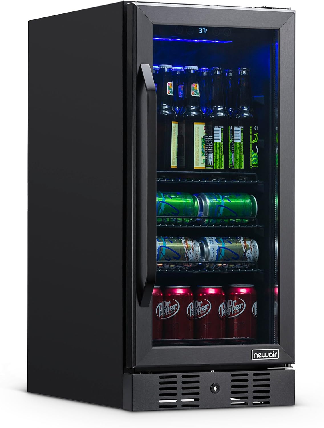 NewAir 96 Can Built-In Beverage Refrigerator | 15” Small Mini Fridge for Bedroom, Home Bar or Office | Quiet Cooling & Precise Temperature Control | Black Stainless Steel