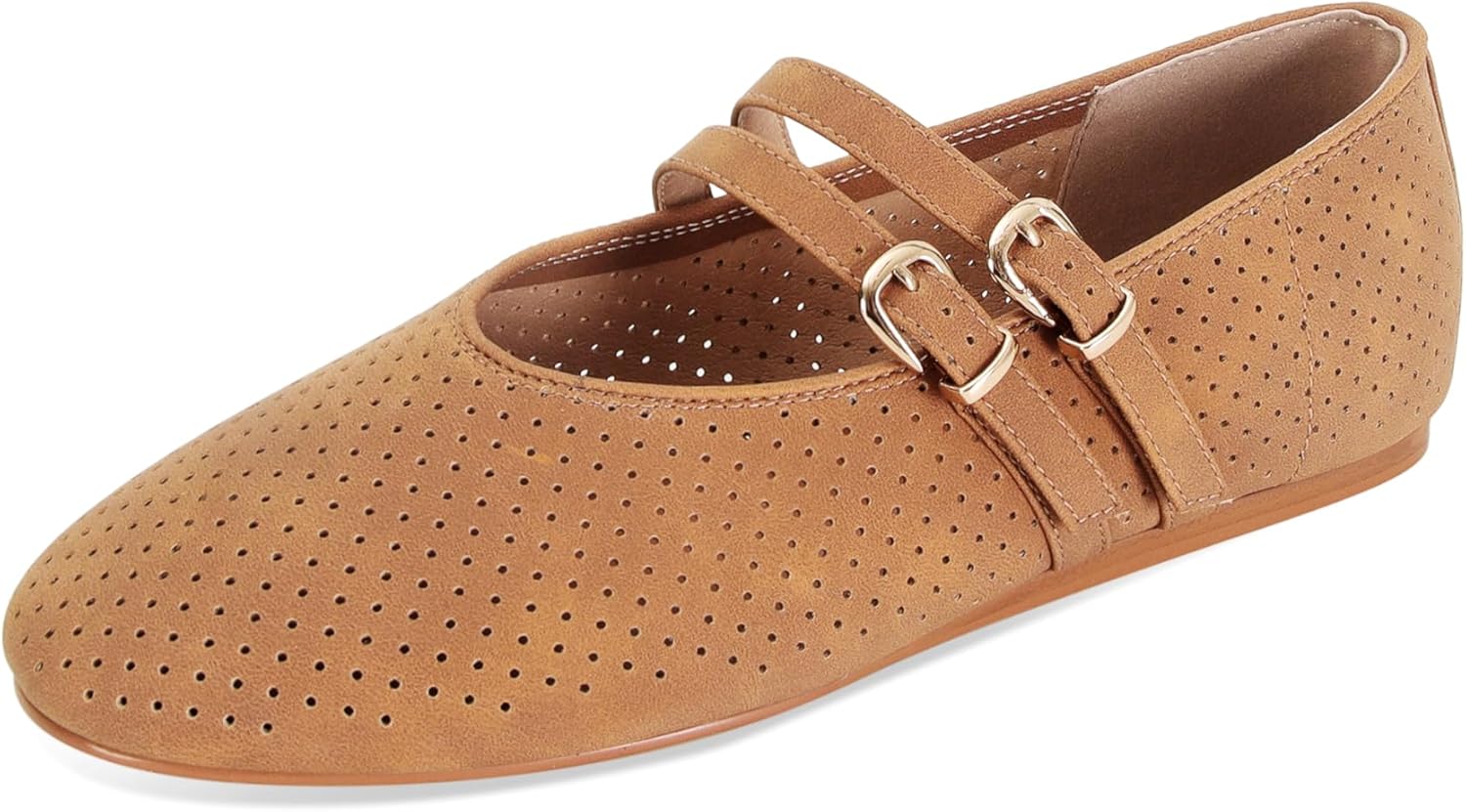 SOVANYOU Suede Mary Jane Flats for Women Perforated Round Toe Ballet Flats with Double Buckle Strap Breathable Mesh Ballerina Shoes