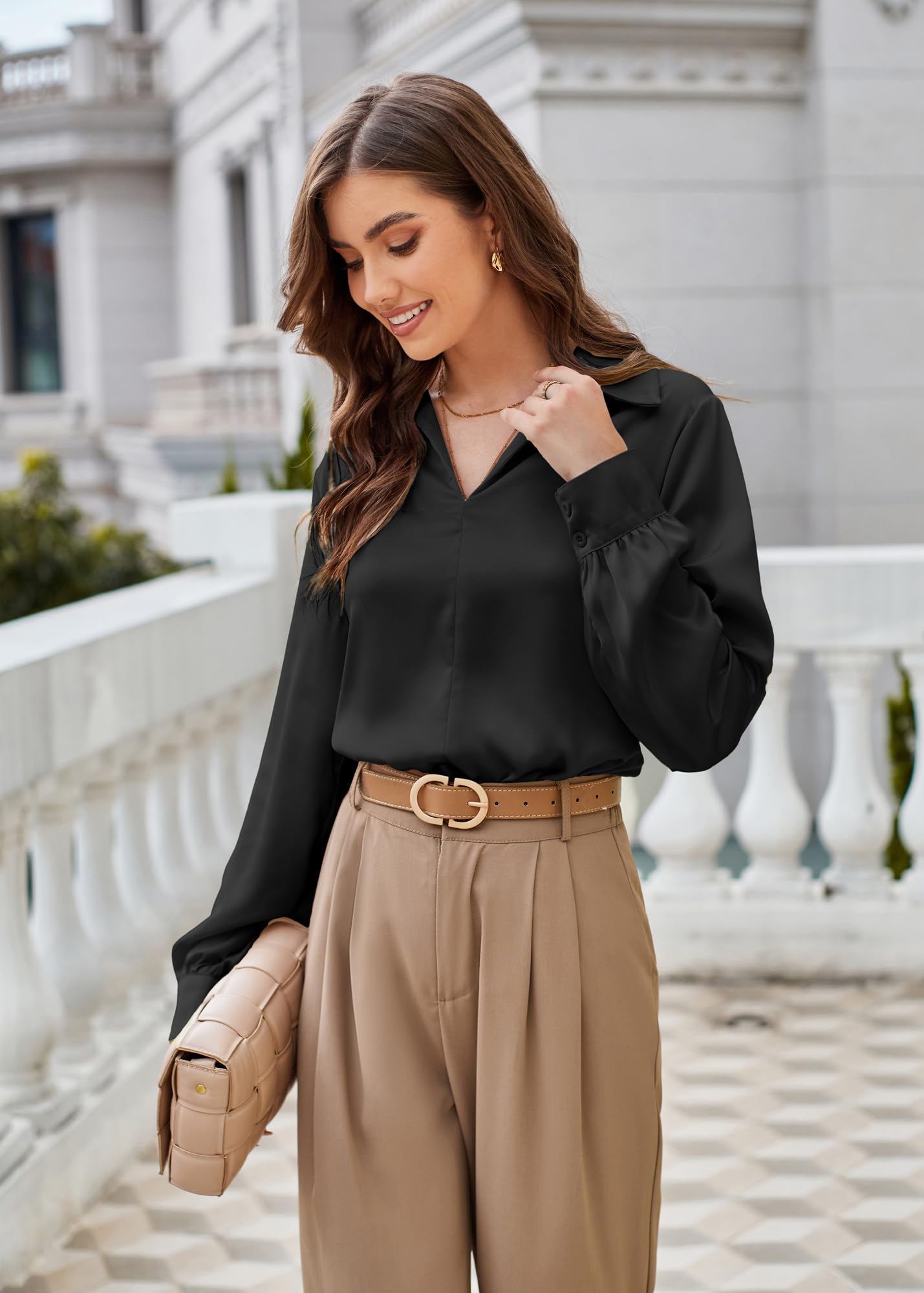 GRACE KARIN Blusa de seda satinada para mujer, cuello en V, manga larga, informal, para el trabajo, sin botones