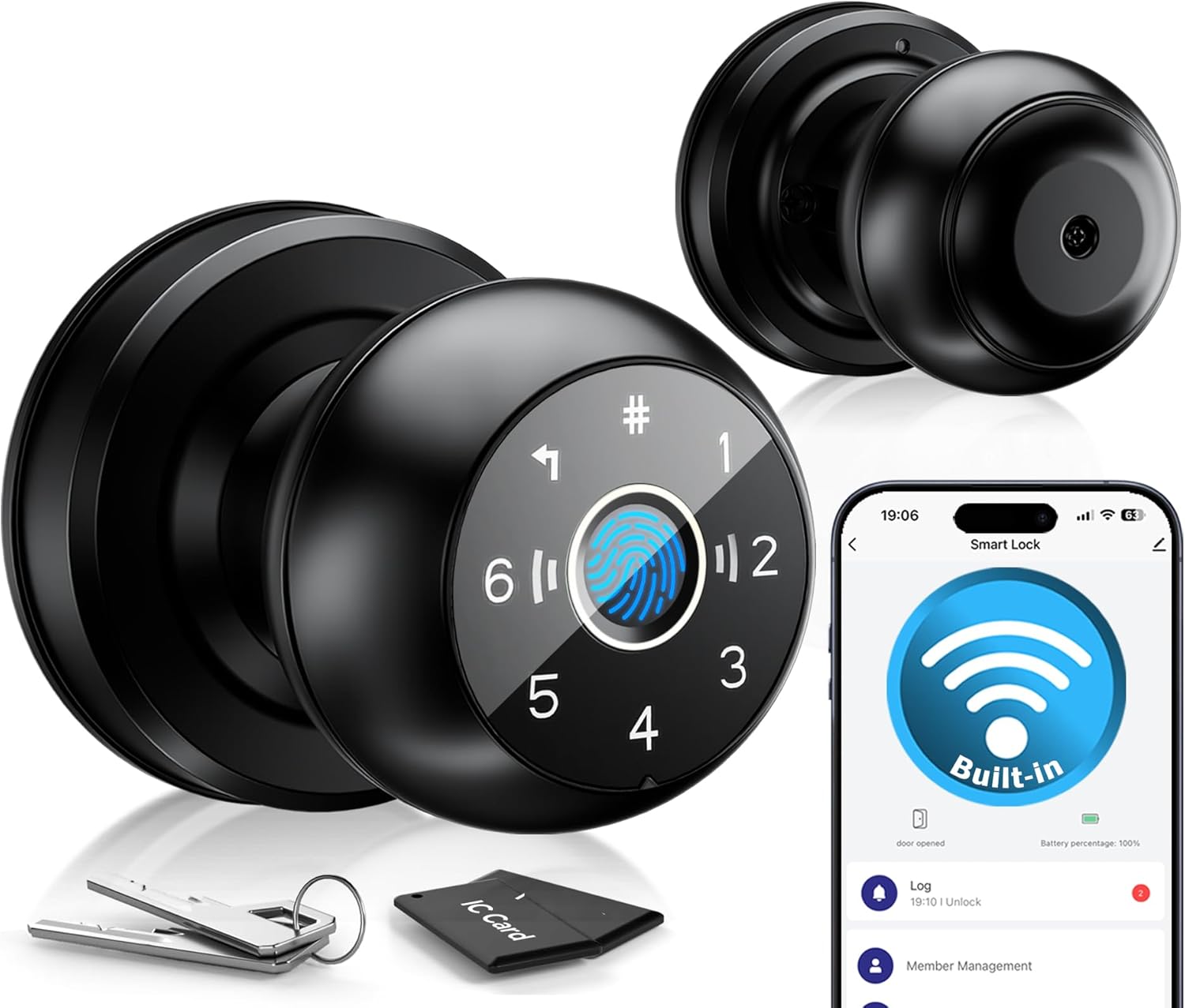 5-in-1 Smart Fingerprint Door Knob Lock – Stand-Alone Operation or Optional APP Control, Built-in Wi-Fi, Remote E-Key Access, Real-Time Alerts, No Gateway Required – Ideal for Bedrooms & Offices