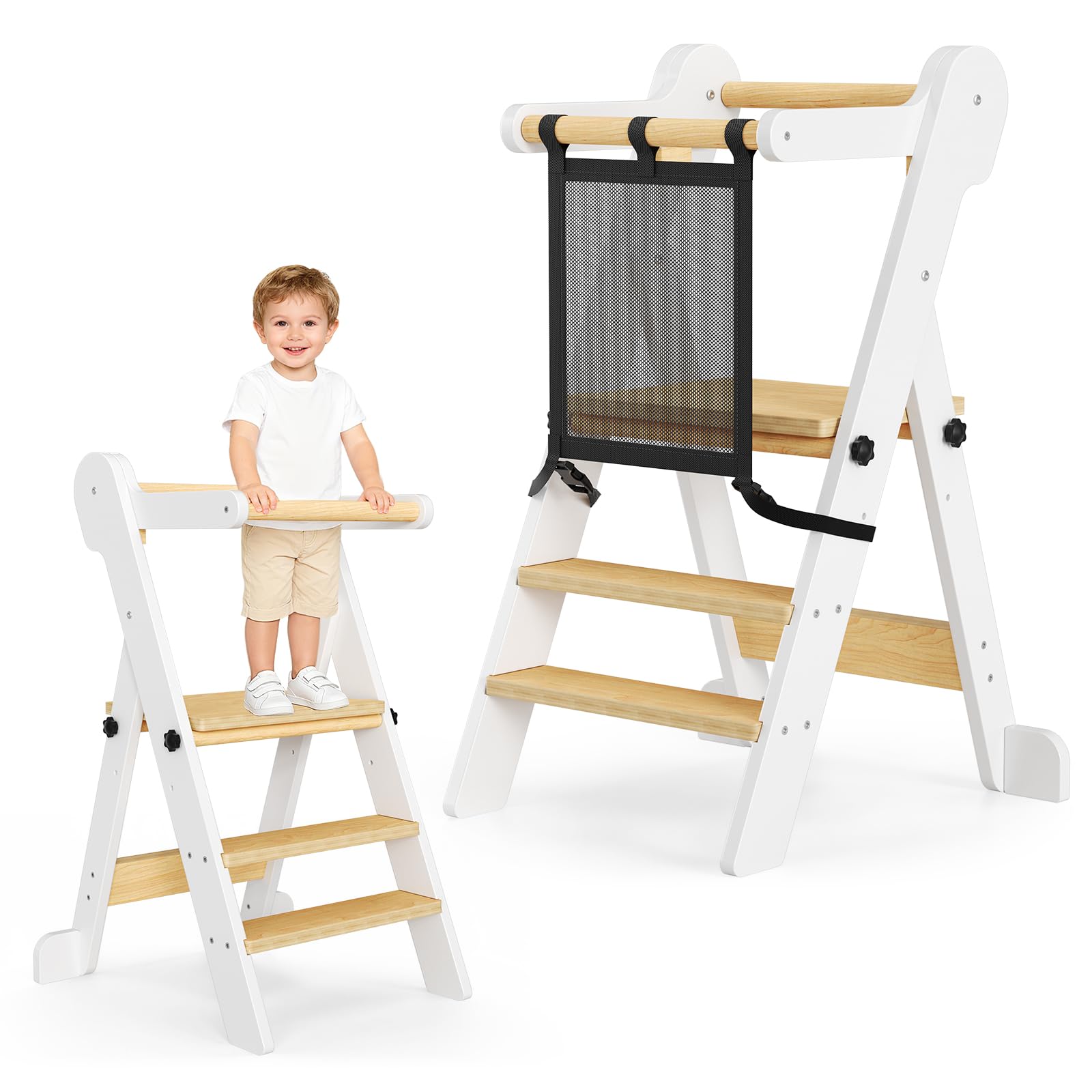 Tour d'apprentissage Montessori Réglable en Hauteur Pliable Anti-Bascule pour Enfants 18 Mois à 6 Ans Bois Naturel