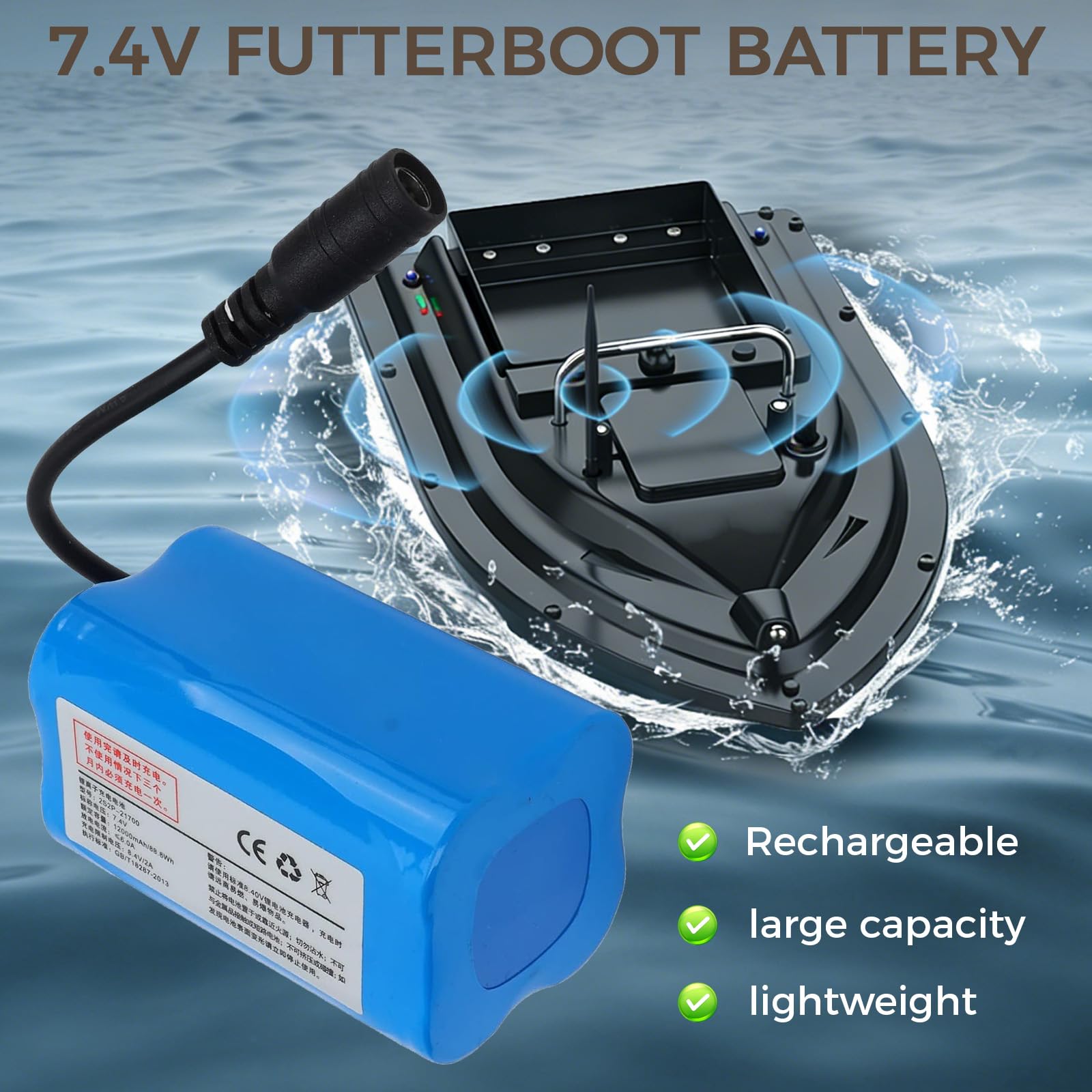 Batteria per barca radiocomandata, 12000 mAh, 7,4 V, batteria al litio ricaricabile, grande capacità, ad alta velocità