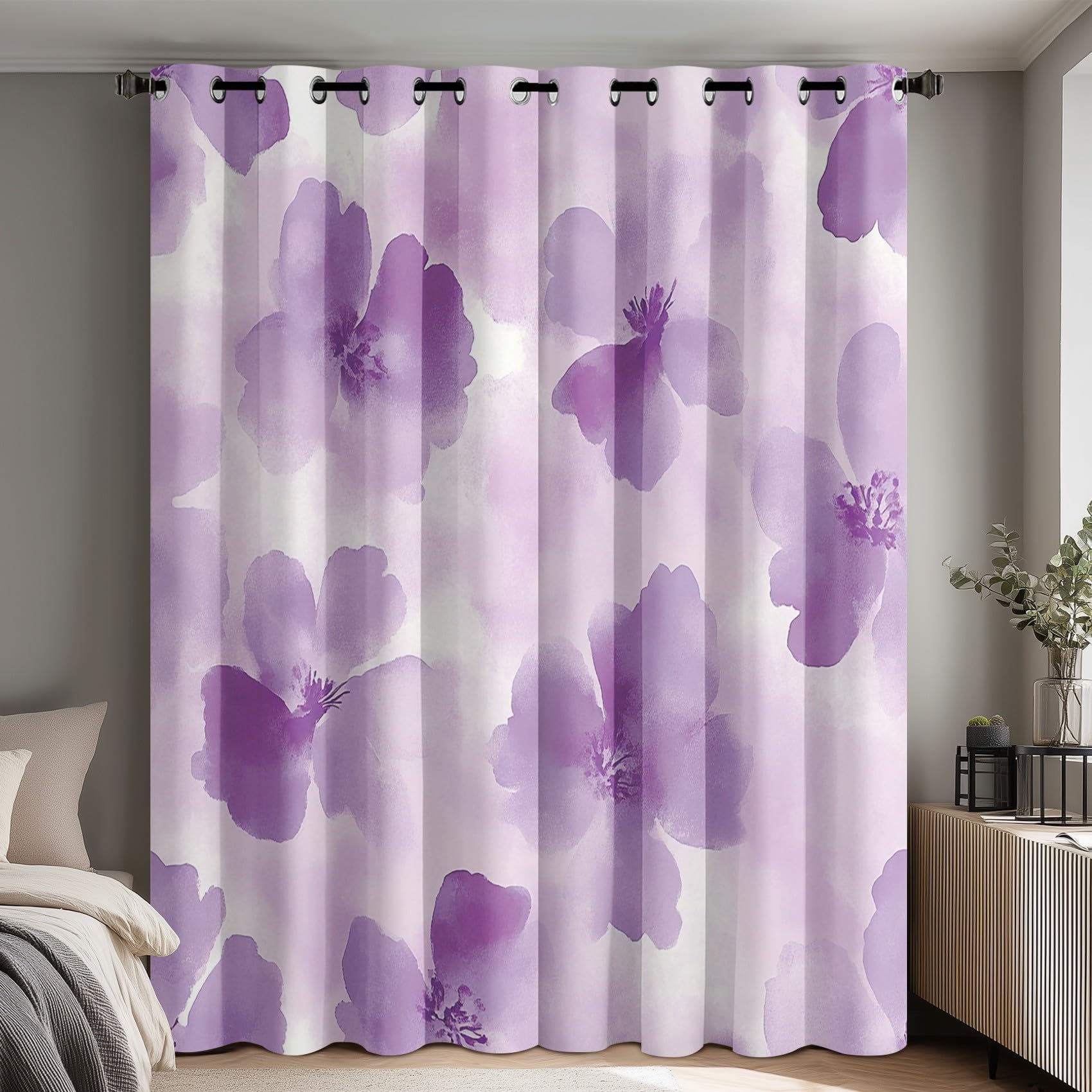 Generisch Lila Blumen Vorhang Blickdicht, 95% Blickdichte Vorhänge Aquarell Blumen, Verdunkelungsvorhang 260x140 2er Set, Schlafzimmer Wohnzimmer Gardinen mit Ösen Q-D37