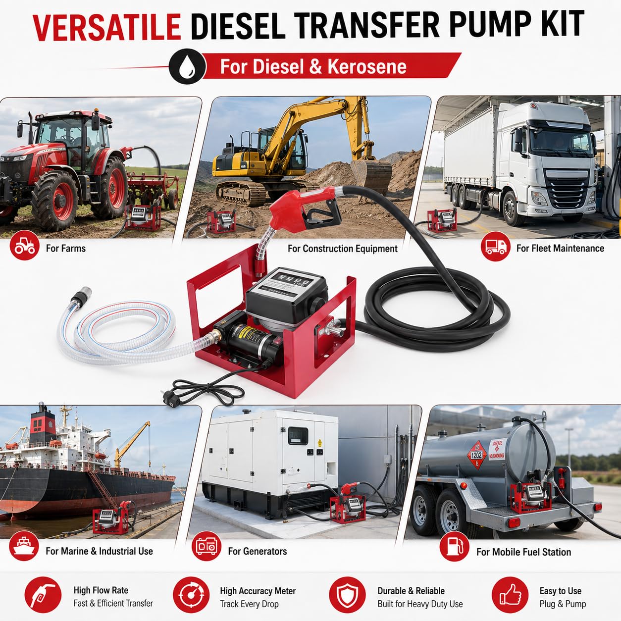 Dieselpumpe, 230V, Heizölpumpe Premium Kraftstoffpumpe, selbstansaugende Ölpumpe, mobile Tankstellen, mit Schläuchen und Zapfpistole, Griff Hof Tankstelle Tankanlage Diesel Heizöl Pumpe