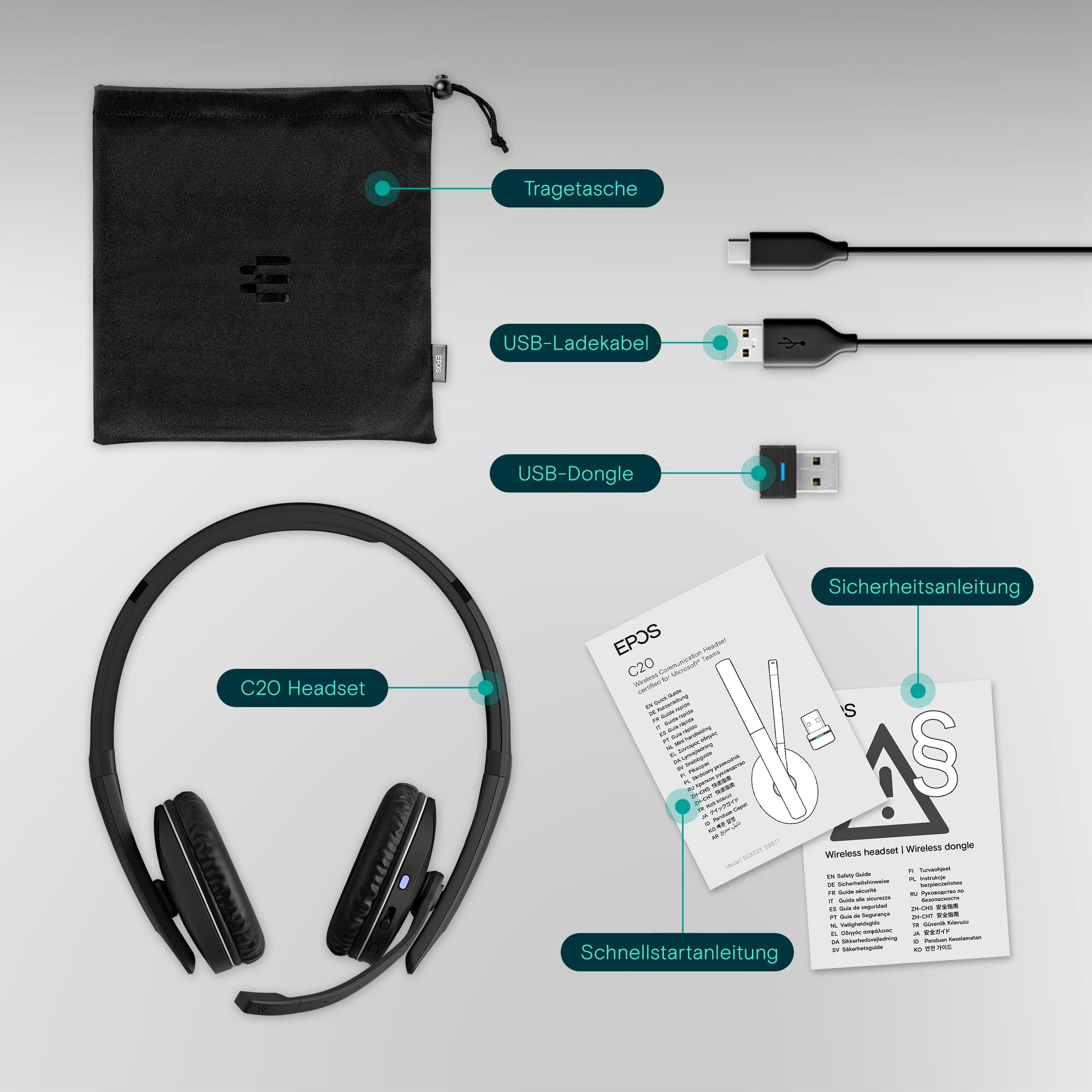 EPOS C20 Serie Wireless Headset: Multi-Geräte-Konnektivität, Bis zu 27h Akkulaufzeit, Microsoft Teams und Zoom Zertifiziert, Elegantes Design, On-Ear Komfort, Perfekt für Arbeit und Studium