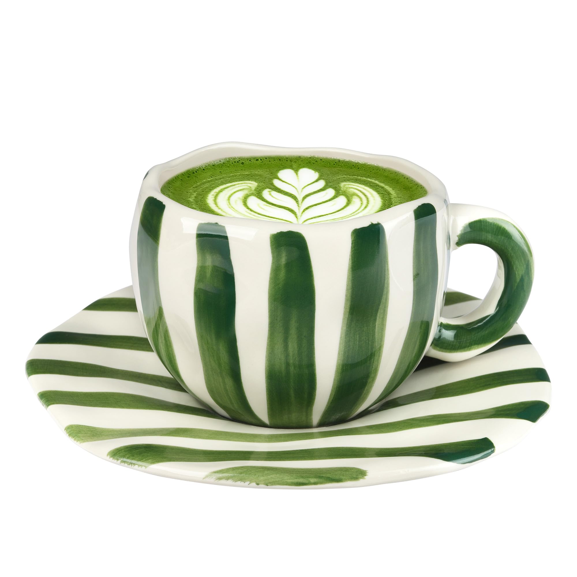 Cappuccino Cup and Saucer Set Striped Art Ceramic Coffee Latte Tea Mug