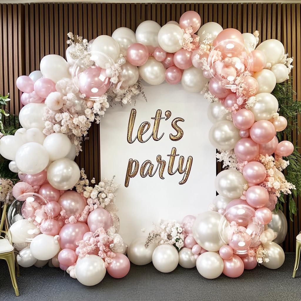 Pearl Balloon Garland Double Stuffed Baby Pink Pearl White Balloon Arch Kit Different Sizes With Clear Bobo Balloon for Birthday Baby Shower Anniversary Wedding Party decor