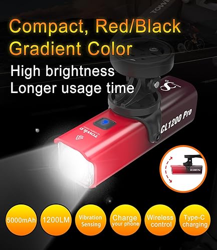 Miniatura 2 de TOWILD CL1200 Luces de bicicleta para conducción nocturna, compatibles con montaje GarminGoPro, faro brillante de bicicleta de 1200 lúmenes, batería