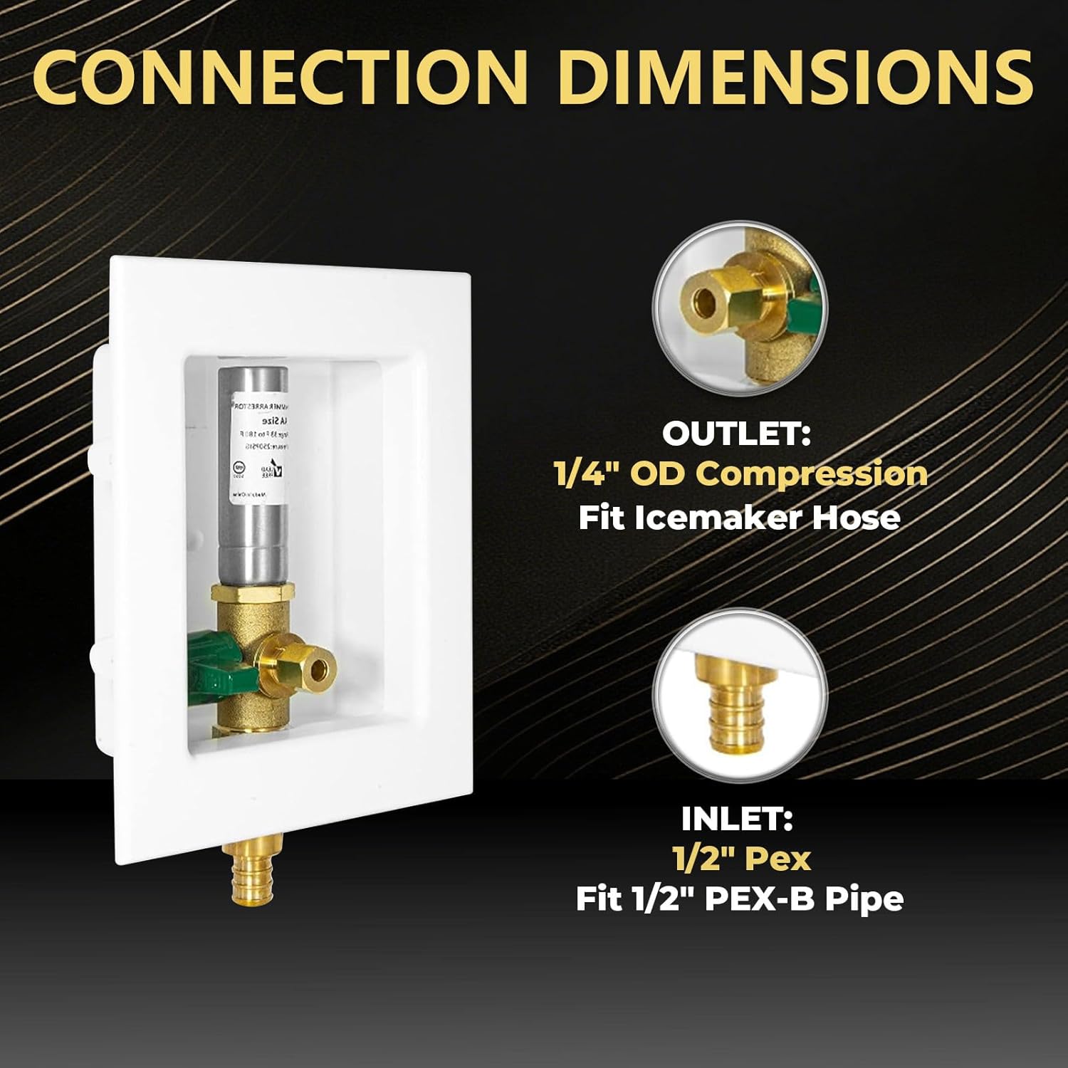 1 PCS Foskan 1/2" Pex Crimp Inlet Ice Maker Outlet Box (Pre-Assembled), 1/4" OD Compression Outlet, with Installed Green-Handled Quarter-Turn Ball Valve and Stainless Steel Hammer Arrestor