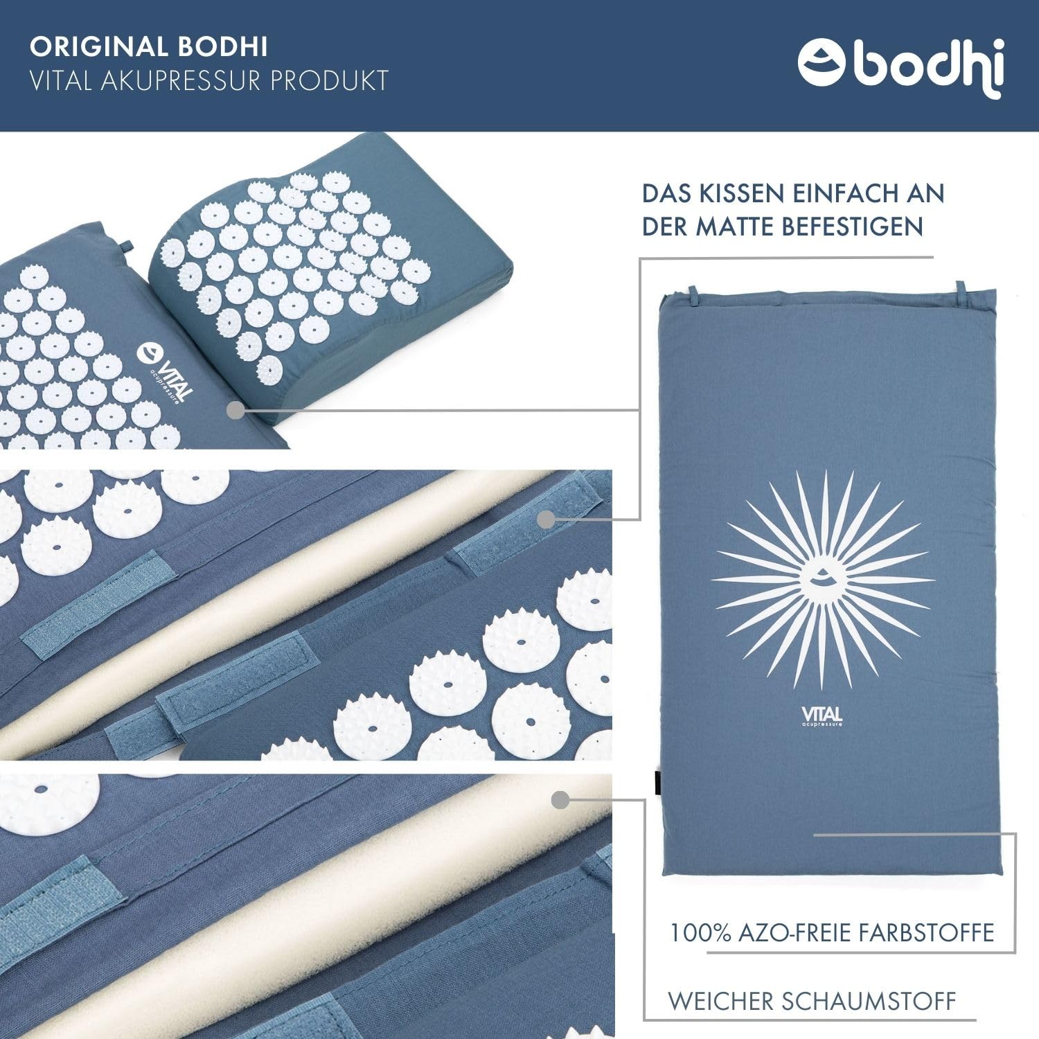 Bodhi Vital, tappetino per agopressione Deluxe, set di tappetini massaggianti in set con cuscino, zerbino e borsa | auto-massaggio per la casa | tappetino per fakir contro collo e mal di schiena | blu