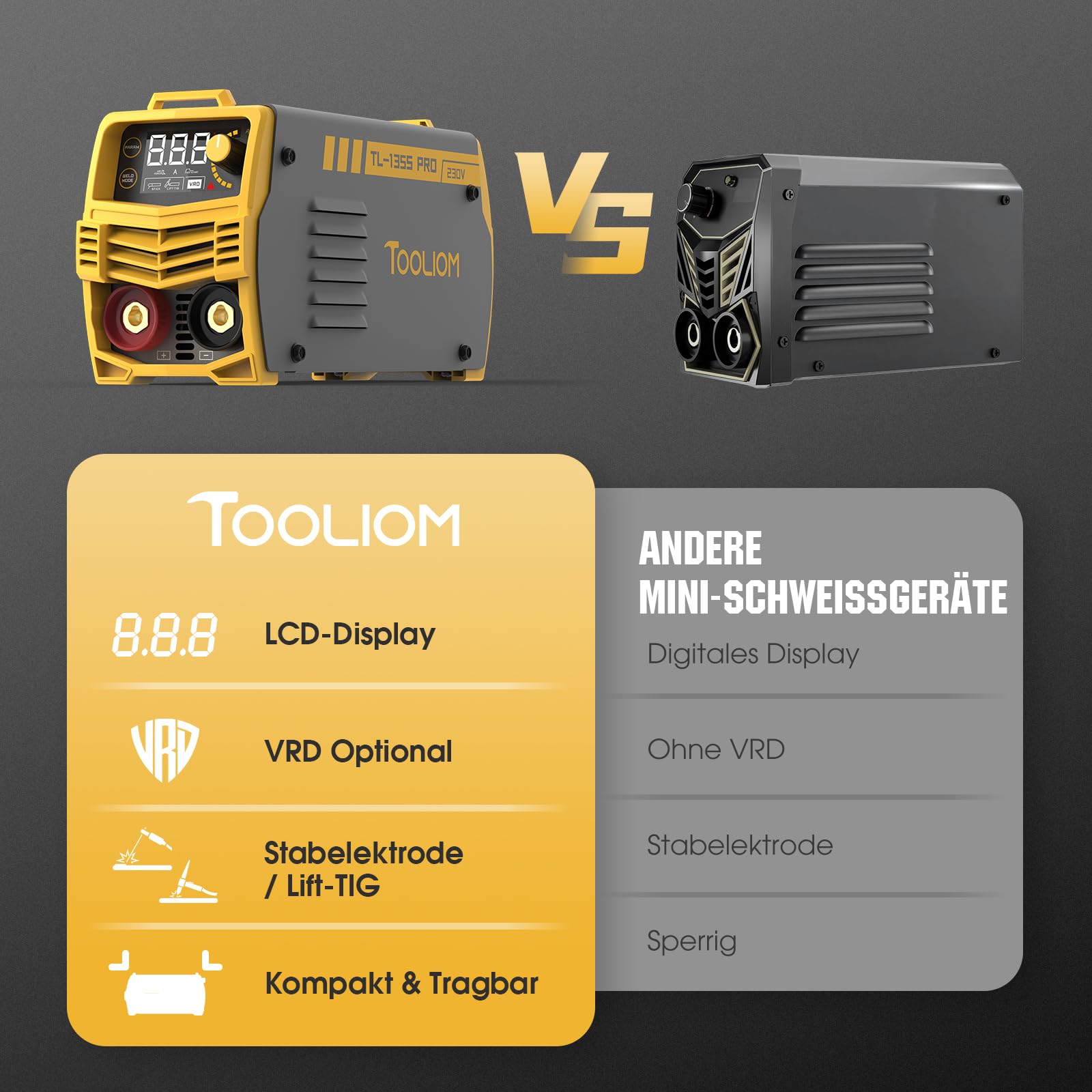 TOOLIOM 135 Ampere 230Volt Schweißgerät, MMA Stick Schweißgerät, Gleichstrom Wechselrichter, Schweißgerät mit Hot Start, Arcforce und Anti-Stick, Tragbares Schweißgerät