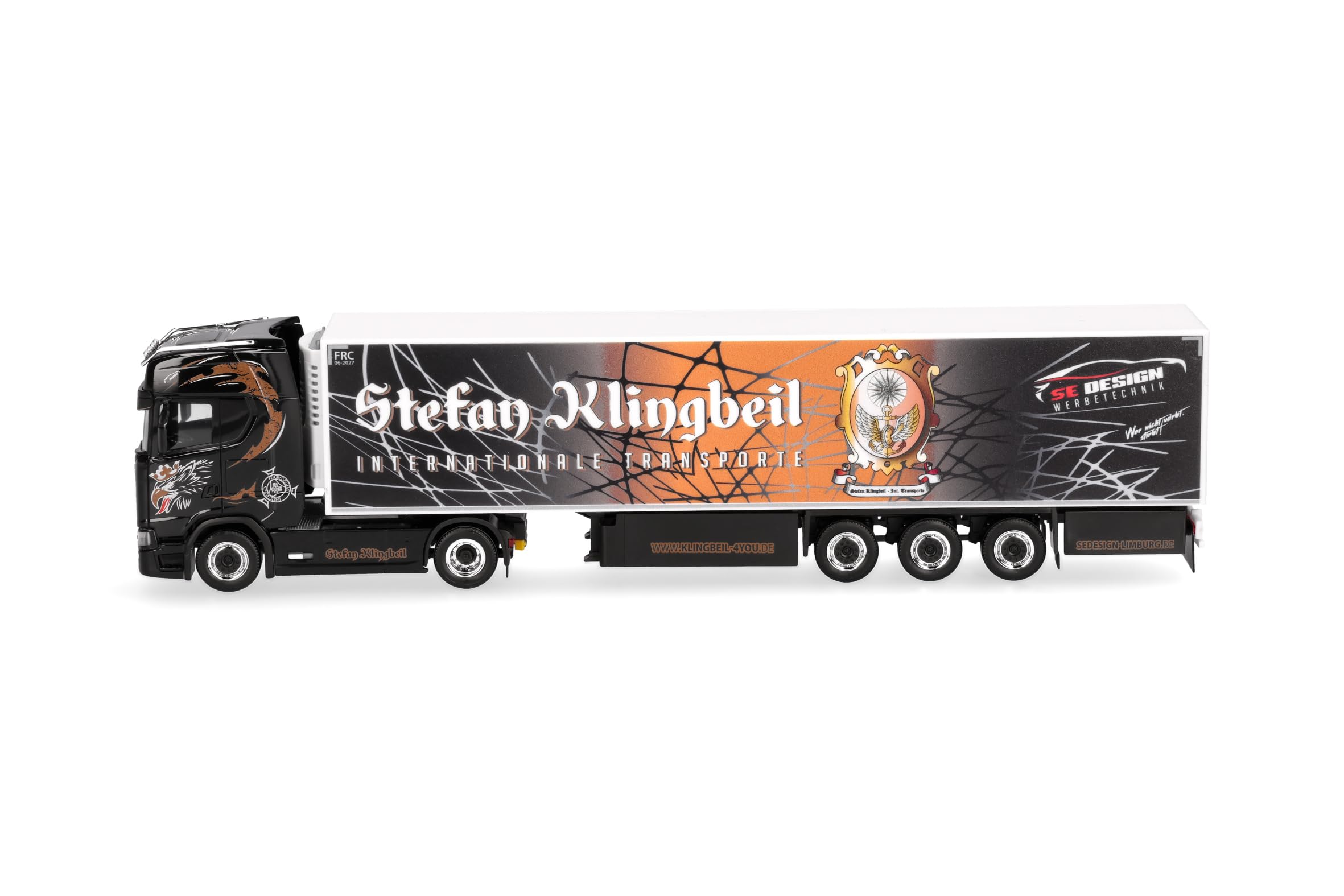 Herpa Model ciężarówki Scania CS 20 HD chłodnia z naczepą „Stefan Klingbeil Transporte”, miniatura w skali 1:87, model kolekcjonerski, wyprodukowany w Niemczech, wykonany z tworzywa sztucznego