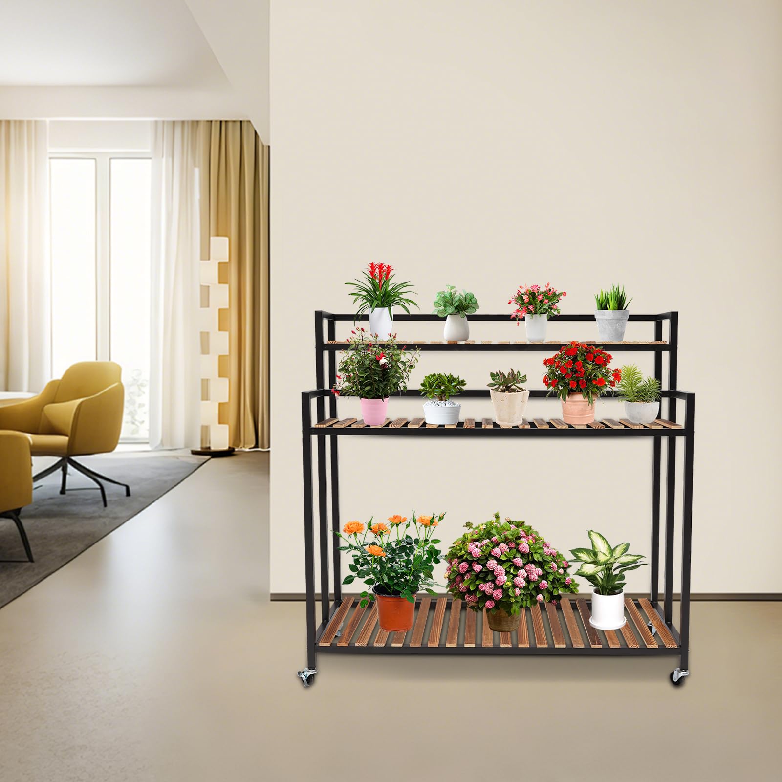 3-Stufige Blumentreppe, Blumenregal mit Rädern, Pflanzentreppe aus Edelstahl und Kiefernholz Platten, Bewegliches Blumenständer Pflanzenständer für Outdoor Indoor, 100x40x102 cm (Schwarz)