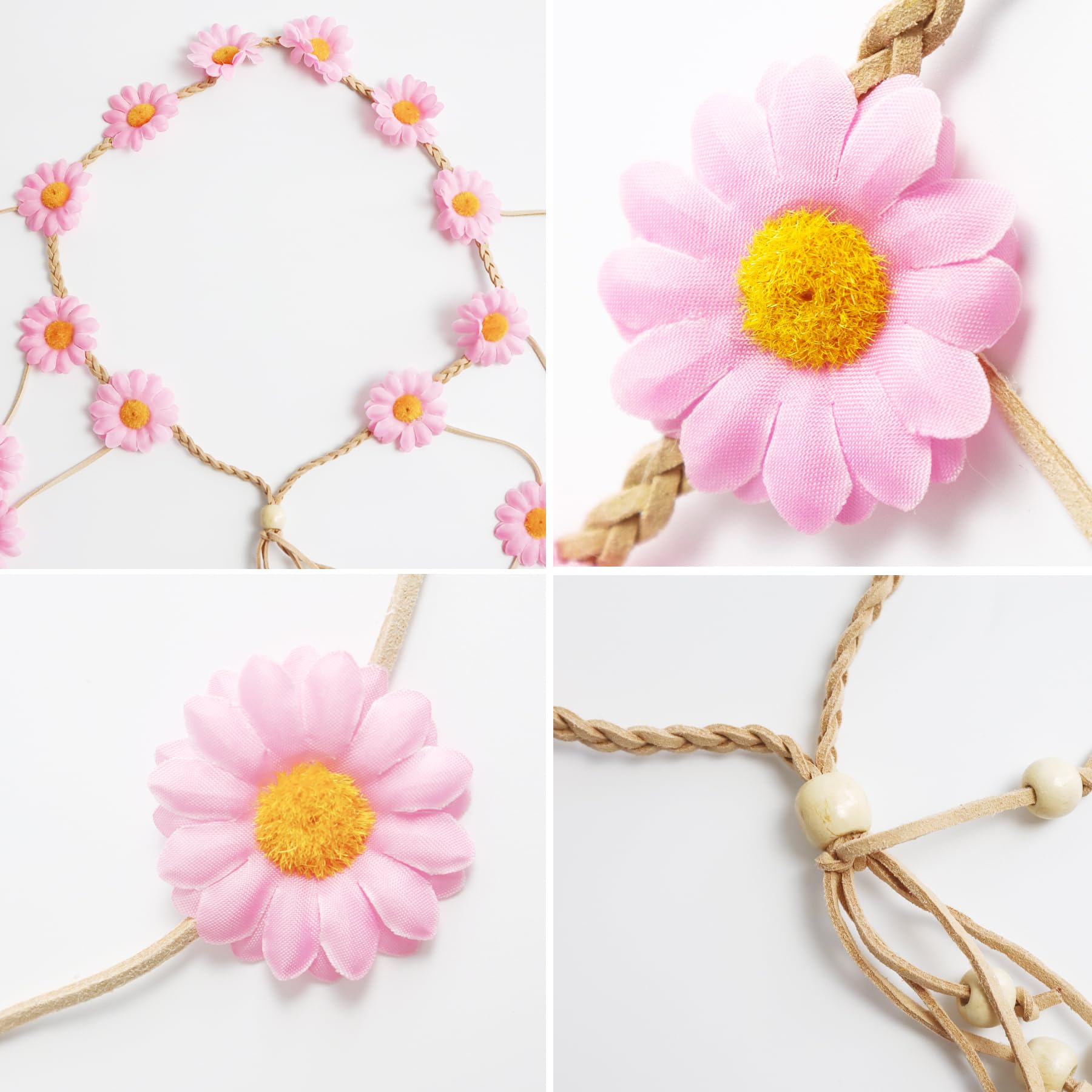 Sucrain 2 Fasce Per Capelli Con Fiori Hippie – Corona Floreale Girasole Con Perline – Bohémien Anni '70 – Bianco E Rosa - 3