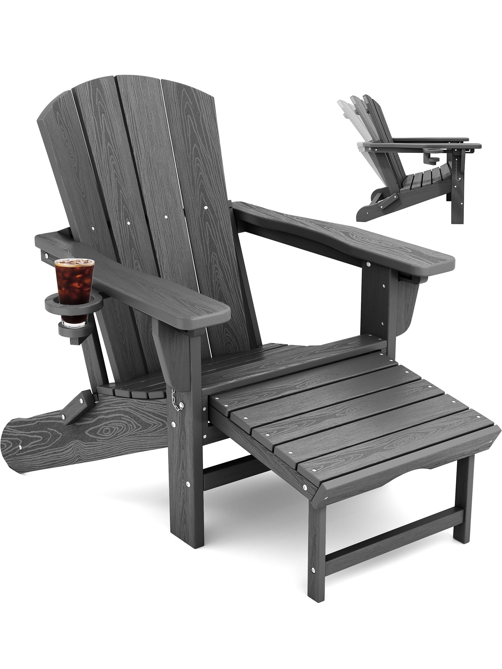 KINGYES Folding Adjustable Adirondack Chair with Retractable Ottoman, HDPE Weather Resistance Oversized Outdoor Chair with Cup Holder, Wood-Like Reclining Versatile Adirondack Chair, Grey