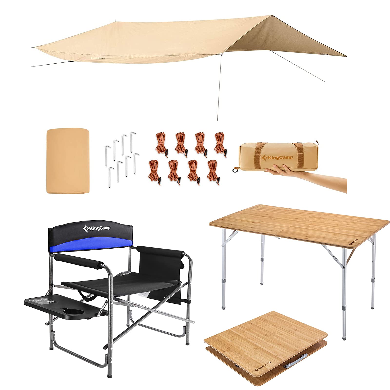 KingCamp Heavy Duty Camping Folding Director Chair Oversize Padded Seat+amboo Heavy Duty 176 lbs Environmental Protection Oversize Anti-UV Portable Folding Table+ Tarps Portable Hammock Rain Fly Camp