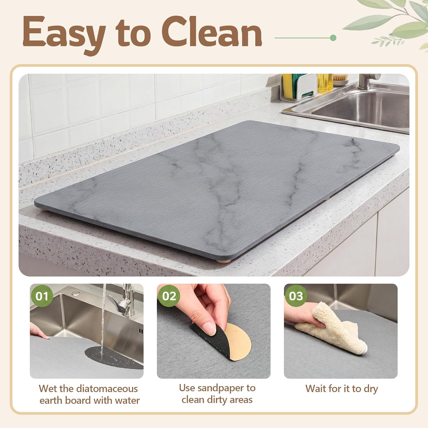 1 Pcs 32" x 18" Extra Large Stone Dish Drying Mat for Kitchen Counter Marble Diatomaceous Earth Mat with Wooden Feet Absorbent Quick Dry for Pot Dishes Bottles Cups Bottles Tableware