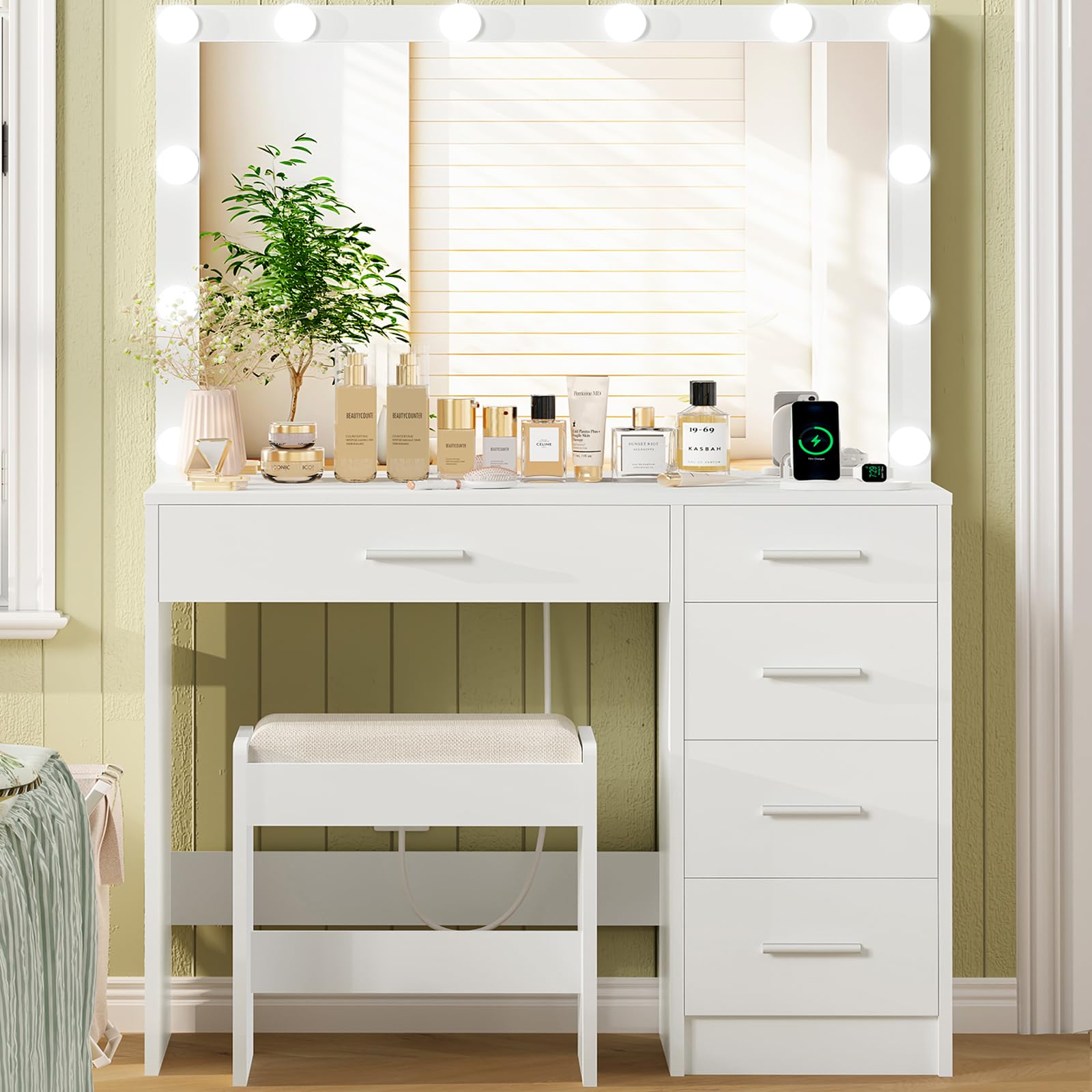 FIONESO Makeup Vanity with Large Mirror, Vanity Desk with Power Outlets & 12 Lights, Makeup Vanity Desk with 5 Drawers & Stool, Dressing Table for Bedroom, Woman, White