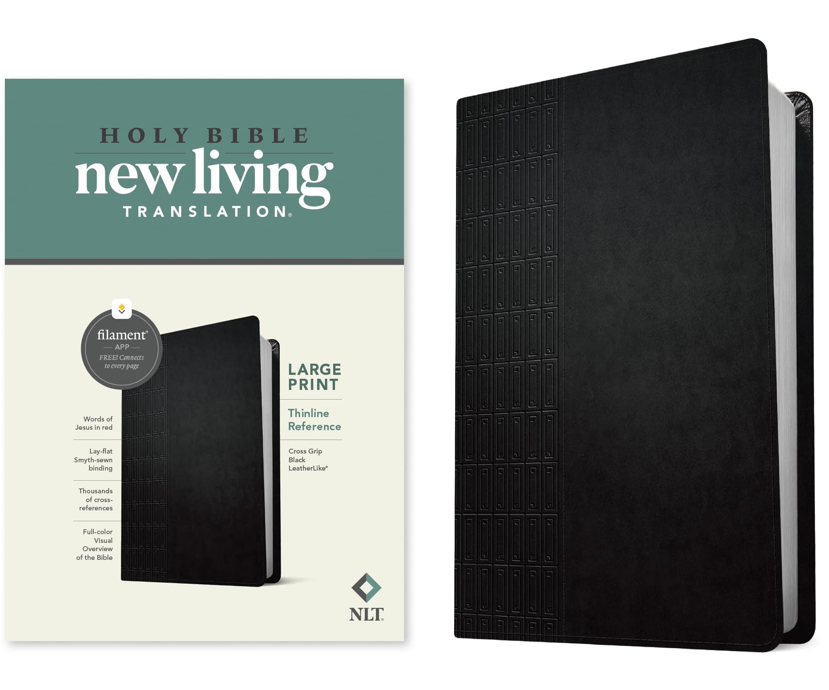 NLT Large Print Thinline Reference Bible, Filament-Enabled Edition (LeatherLike, Cross Grip Black, Red Letter)