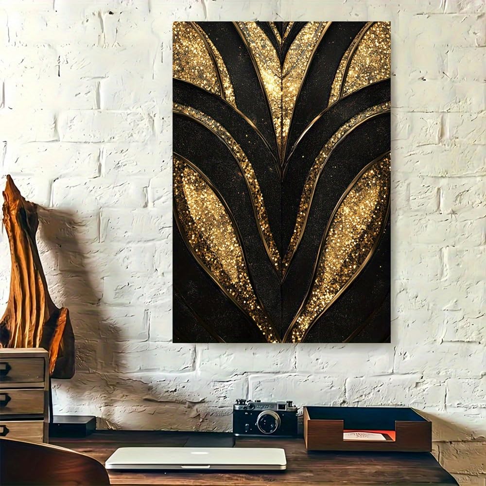 Lienzo de hojas doradas y negras: póster de pared para decoración del hogar en tamaño 70x90 cm