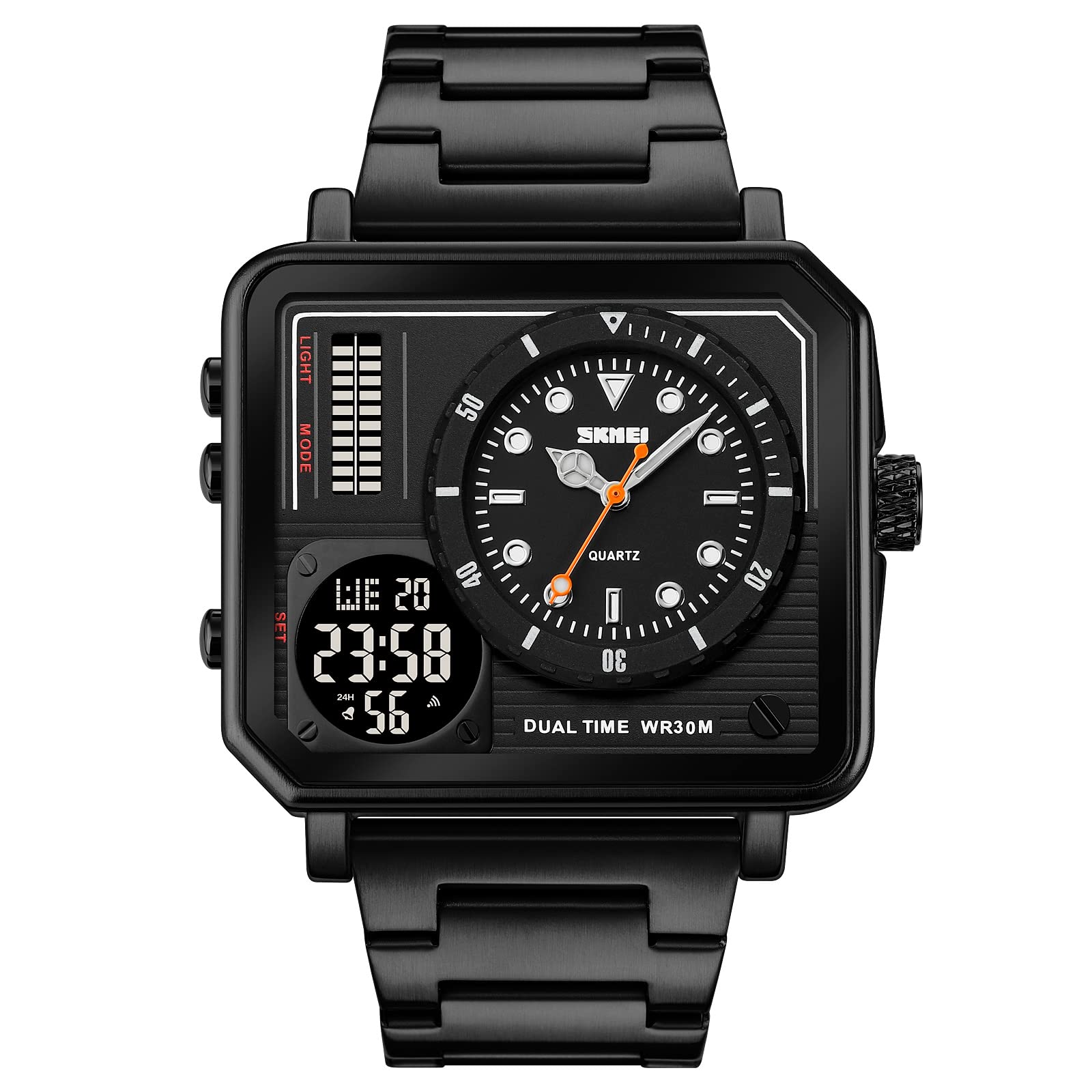 SKMEI Stainless Steel Men Square Watch, Led Backlight Large Screen Multi-Time Zone Men Watch, Waterproof Analog Men Digital Sports Watch - 2025, Black Dial, Black Band (B0C38YQ8M3) Amazon Price History, Amazon Price Tracker