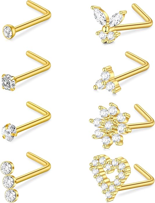 Stud Per Piercing Naso 18G - 8 Pezzi Acciaio Inox Con CZ, Cuore, Argento E Oro - Foto 6