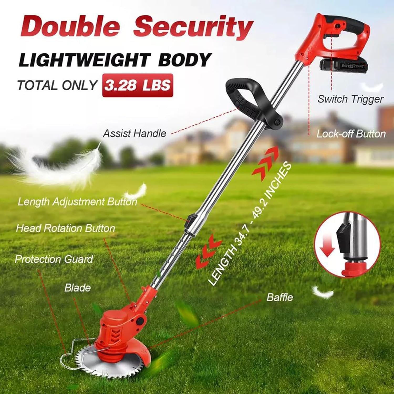 Desbrozadora con batería, batería eléctrica para baterías Makita 3 en 1, desbrozadora giratoria 90°, con batería y cargador, mango ajustable para podar césped y jardín (rojo)