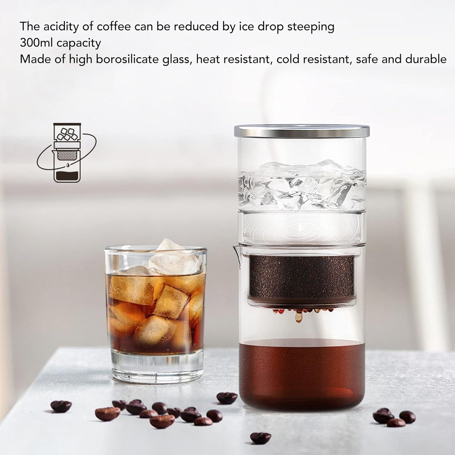Coffee Tea Maker Dripper 300ml, Heat Glass Iced Coffee Brewer - Speed Control Valve, Smooth Cold Brew, Home and Office Use