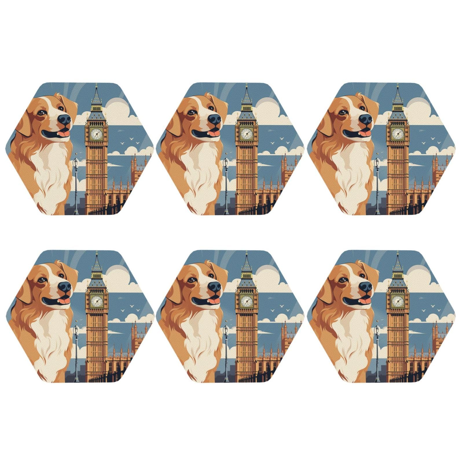 6pcs Leather Coasters for Drinks, Cute Dog Sitting Drink Coasters for Tabletop Protection, 4" Cup Coasters for Coffee Table Decor, Non-Slip Drinking Cup Mat for Hot Or Cold Drink