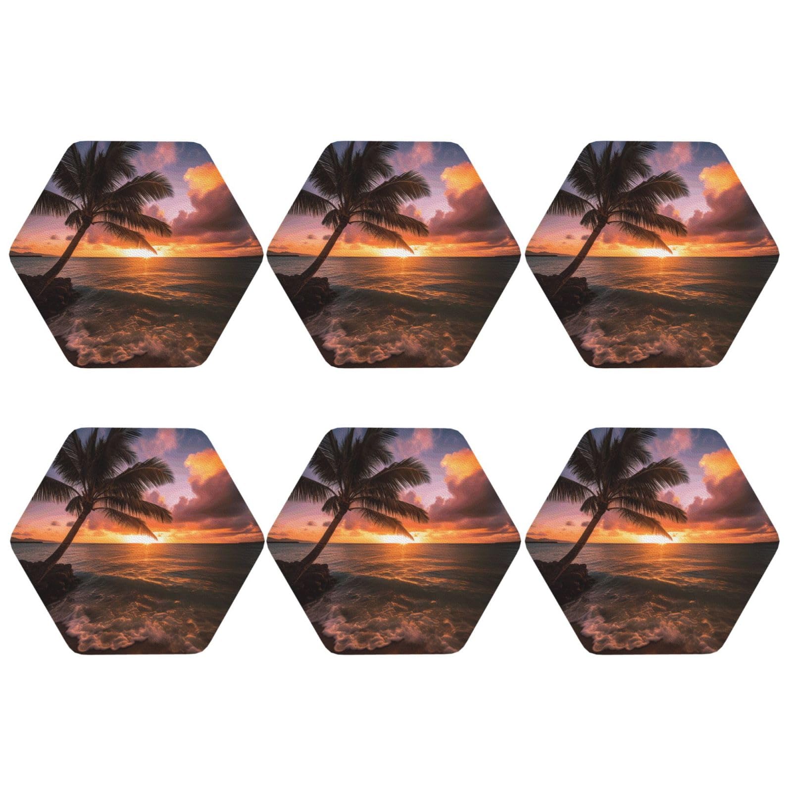 6pcs Leather Coasters for Drinks, Palm Tree Sunset Beach Drink Coasters for Tabletop Protection, 4" Cup Coasters for Coffee Table Decor, Non-Slip Drinking Cup Mat for Hot Or Cold Drink