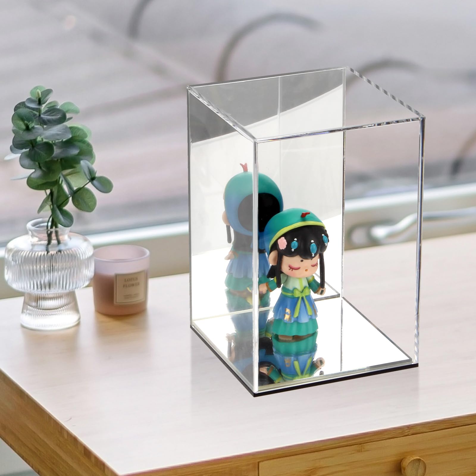 Kcgani Clear Acrylic Display Case with Mirrored Back and Base, Assemble Countertop Storage Box Stand Organizer, Cube Dustproof Display Box Showcase for Action Figures Doll Models Toys, 4x4x6Inch