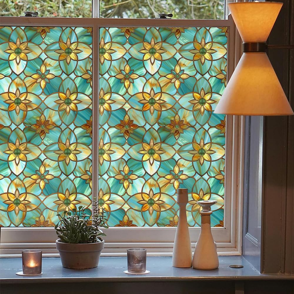 16“x118 Vintage Mosaic Geometric Double Side Window Films Art Decorative Window Privacy Tinting Film Self-Adhesive Static Glass Window Clings Stickers for Living Room Bathroom Glass Windows Decor
