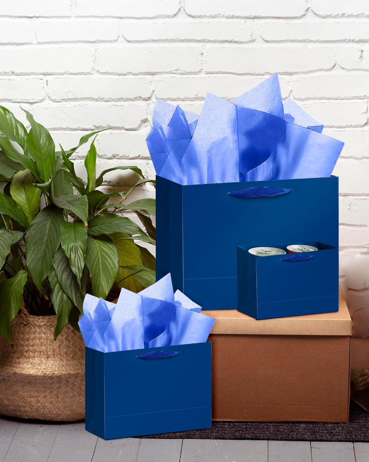qiqee 10PCS Nordic Blue Gift Bags with Ribbon Handles Mulit Assorted Sizes Gift Wide Bags (2pcs Large 13", 4pcs Medium 9.6", 4pcs Small 6.3",Tissue Paper)