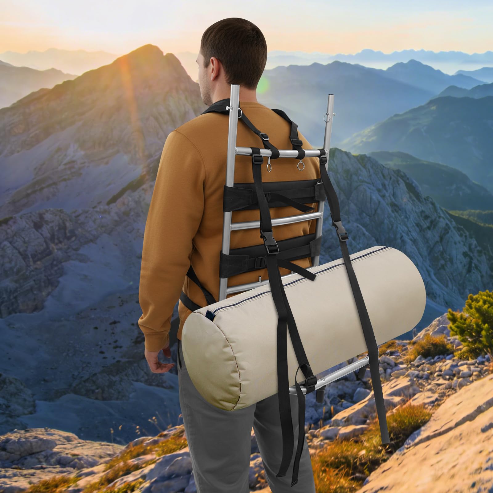 Telaio per zaino pesante (20 kg), robusto telaio pieghevole in alluminio e nylon, spallacci regolabili, ideale per trekking e attività all'aperto