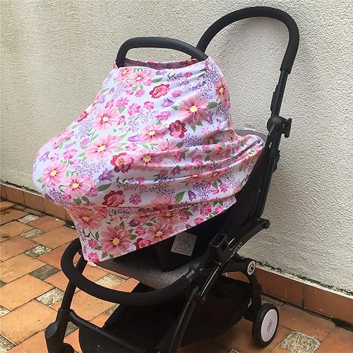 Miniatura 2 de Toldo para asiento de coche para bebé, extra suave y elástico, funda de lactancia floral púrpura y rosa
