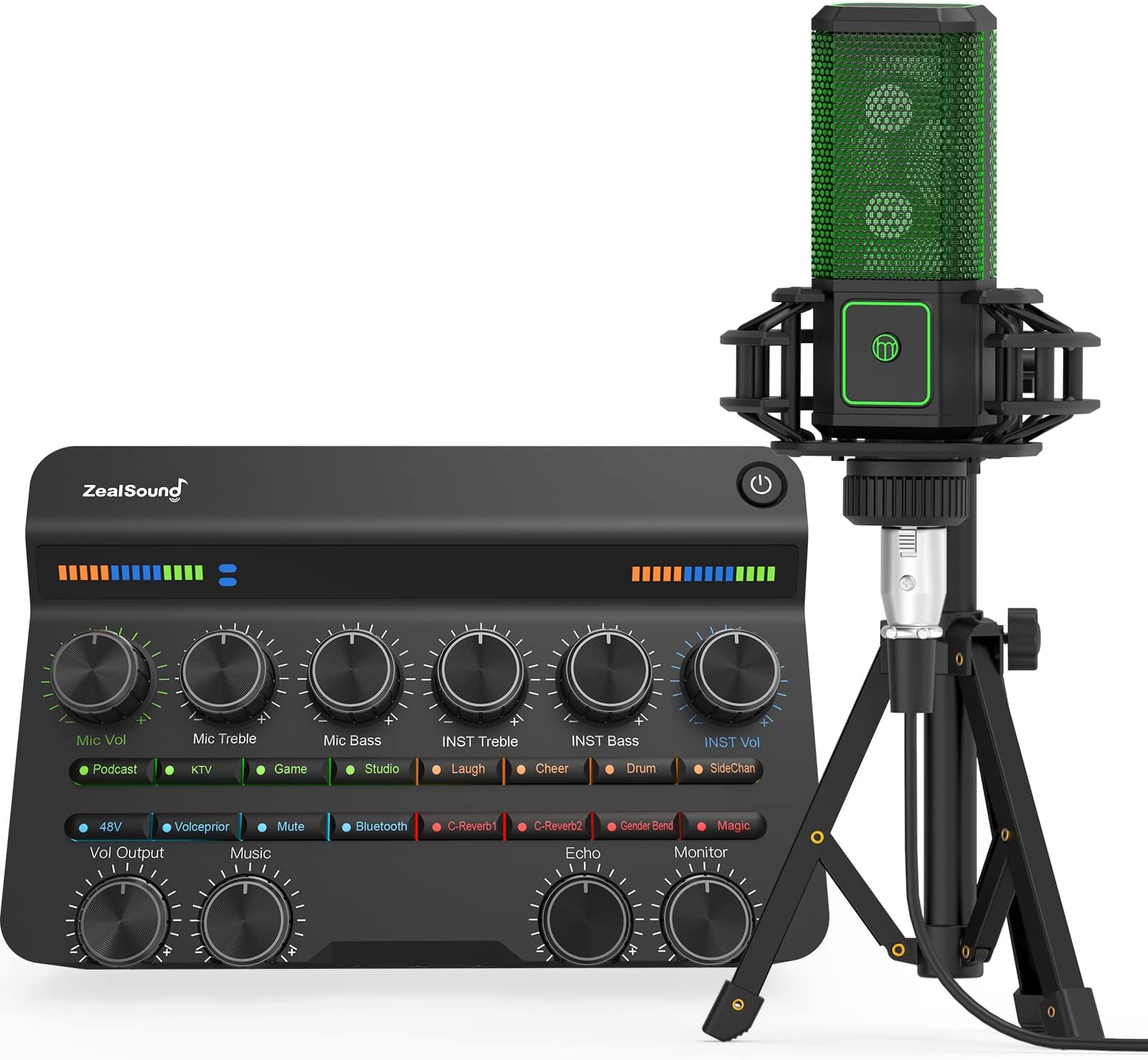 Zealsound Audio Interface,Podcast Equipment Bundle with All-in-One DJ Mixer Live Soundboard, XLR Dual DIA Microphone, Voice Changer, Bluetooth, for Singing,Music Recording, Gaming, PC Phone PS4&5