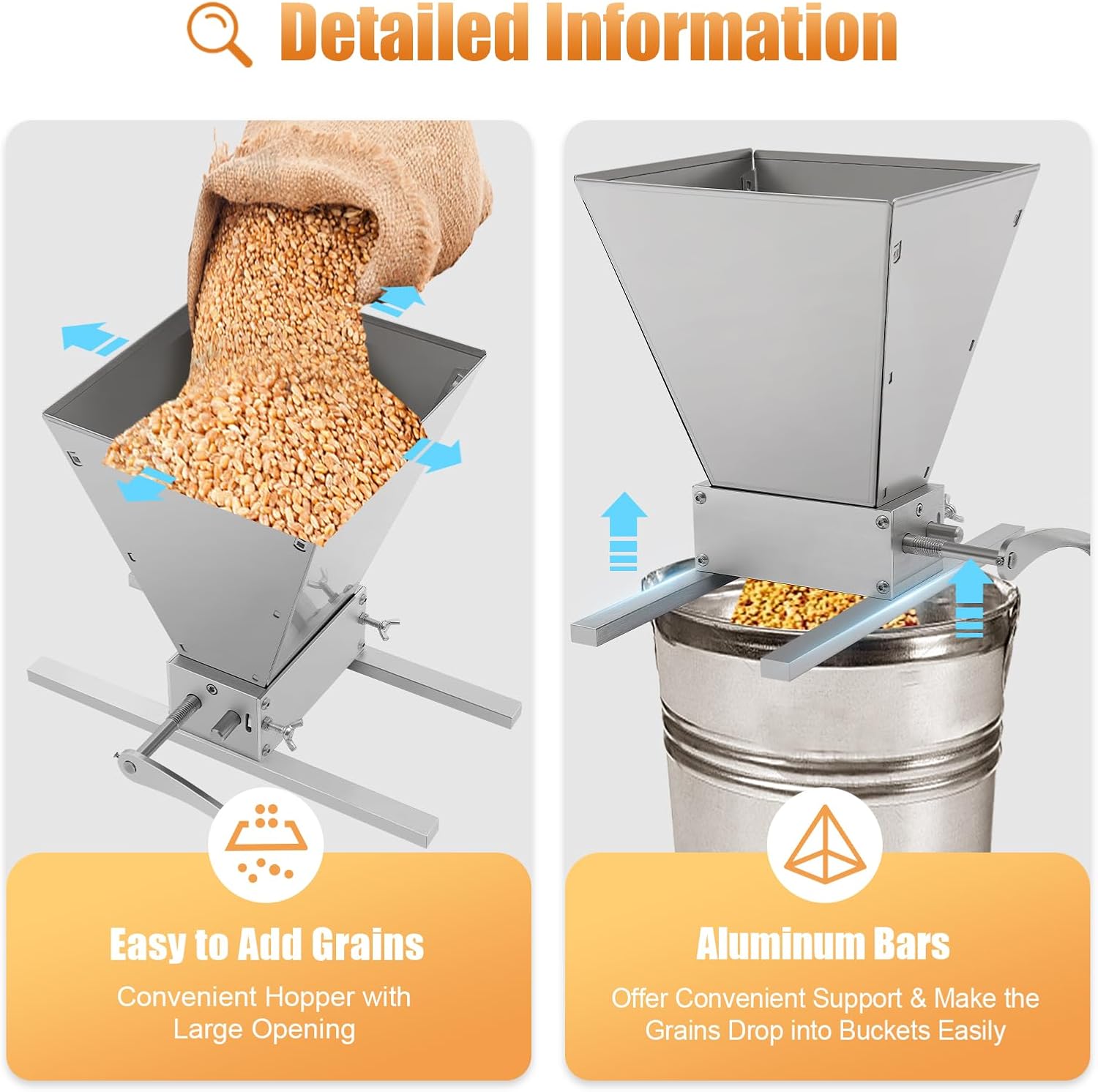 Grain Mill Brewing for Grain Barley Wheat, 2-Roller Grain Mill Grinder Malt Crusher Homebrew Grain Crusher Grinder with 4L Hopper and Metal Base(Electric Drill NOT Included)