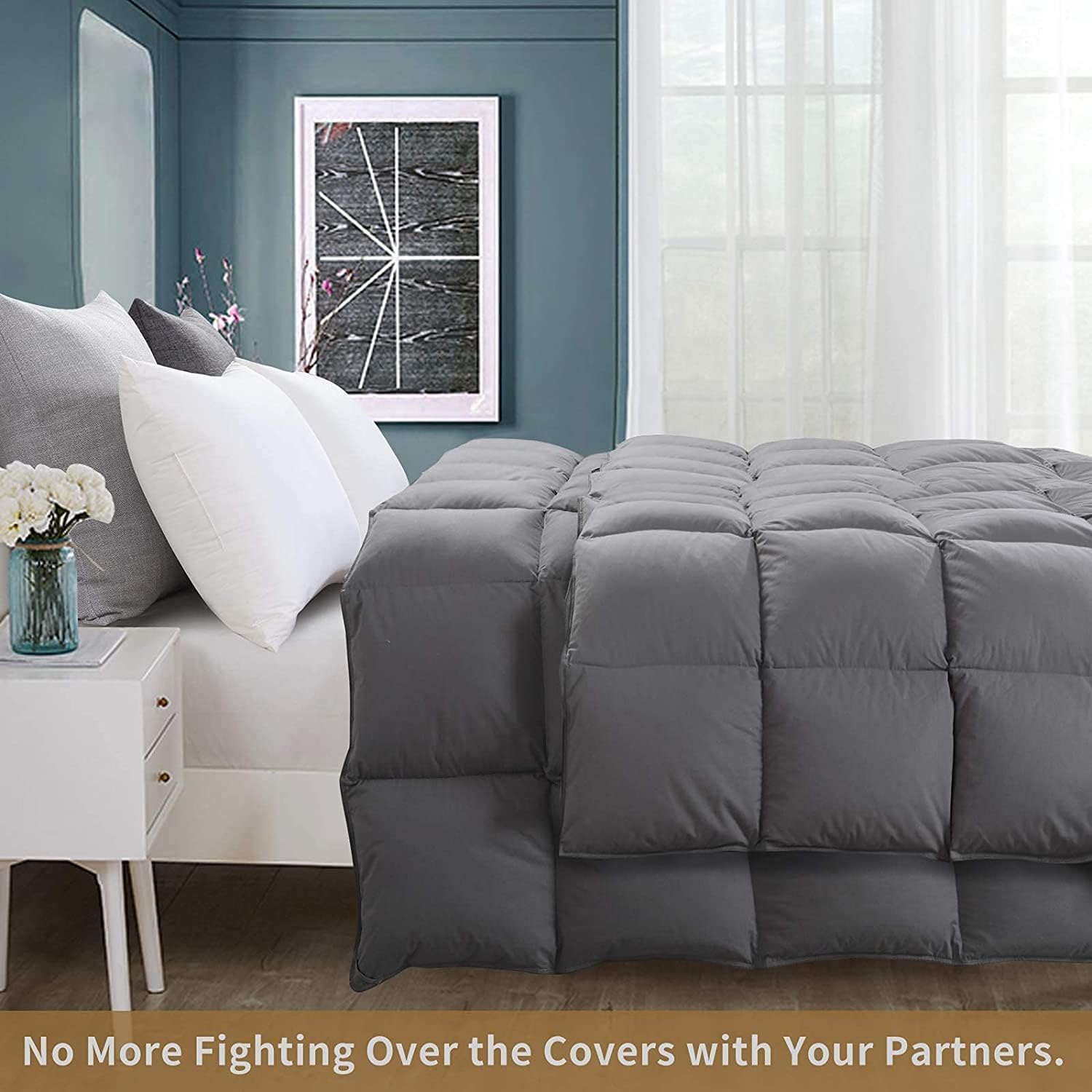 HOMBYS Queen Size Fluffy Feather and Down Comforter, 90x90 Inches Grey Winter Duvet Insert, 100% Cotton Cover Down Proof Bedding Comforter with 8 Corner Tabs (55oz Fill Weight,Heavy Weight)